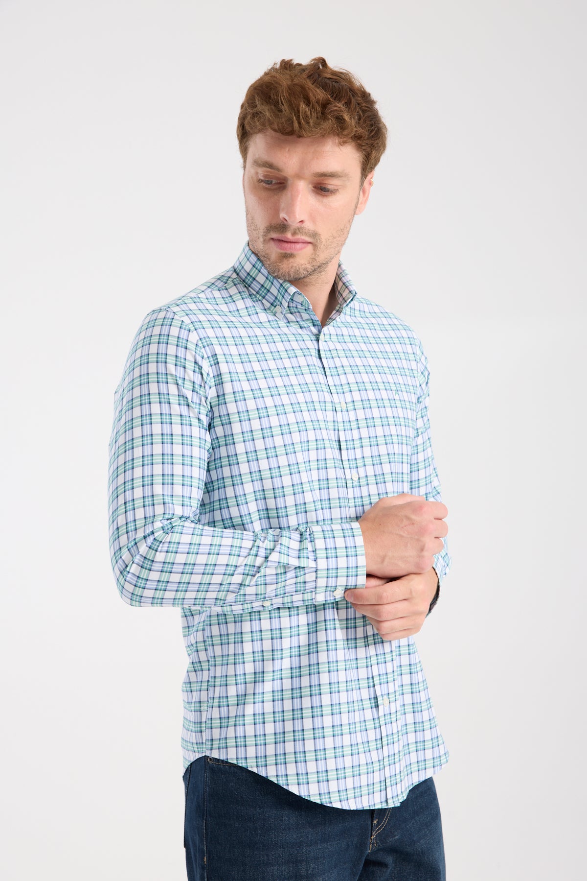 AClub AC10083 Oxford Pamuk Karışımlı Slim Fit Yeşil Düğmeli Yaka Erkek Kareli Gömlek