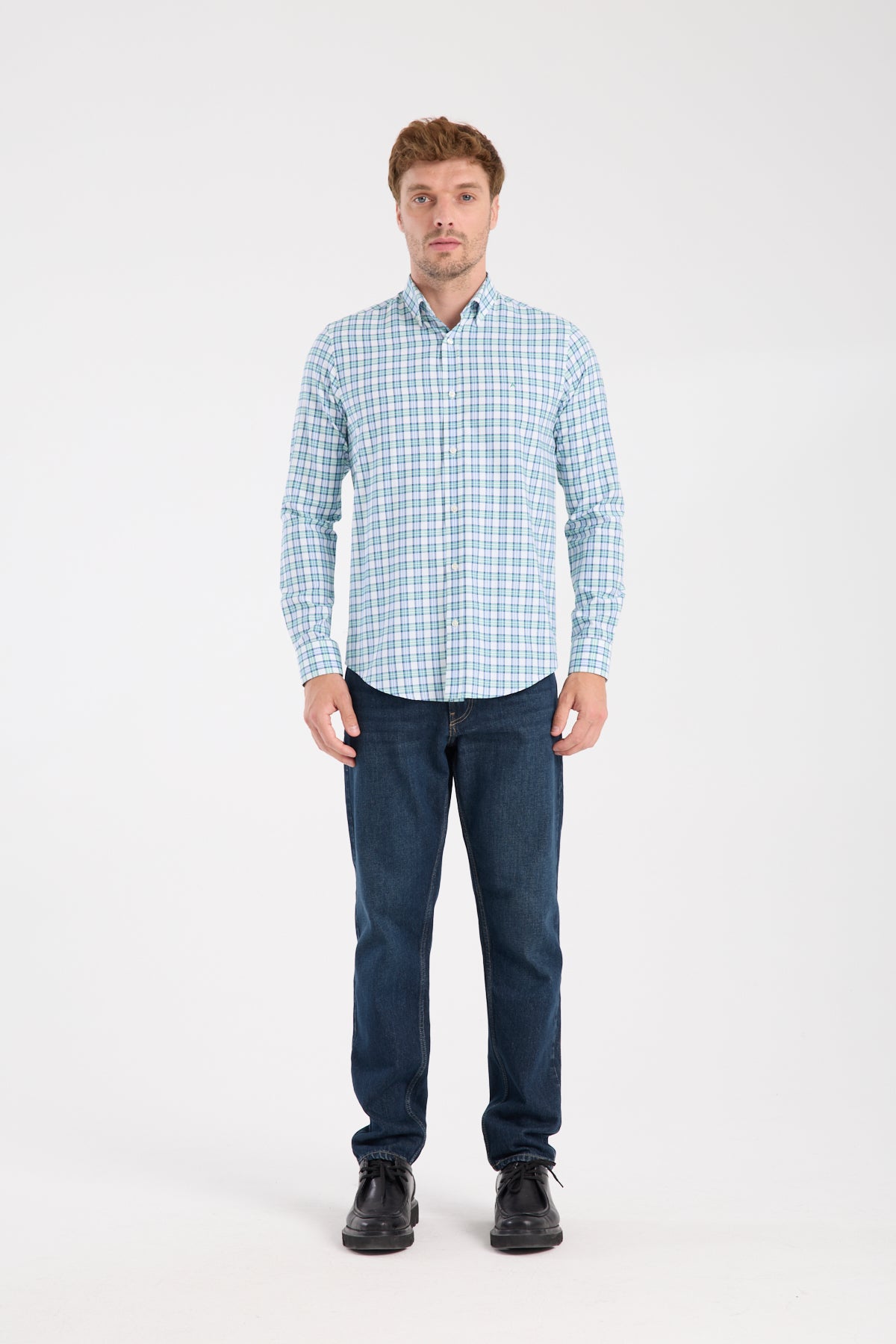 AClub AC10083 Oxford Pamuk Karışımlı Slim Fit Yeşil Düğmeli Yaka Erkek Kareli Gömlek