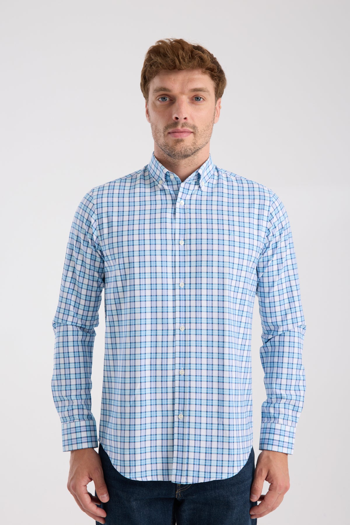 AClub AC10083 Oxford Pamuk Karışımlı Slim Fit Turkuaz Düğmeli Yaka Erkek Kareli Gömlek