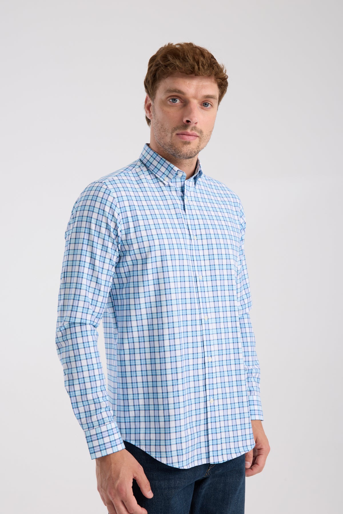 AClub AC10083 Oxford Pamuk Karışımlı Slim Fit Turkuaz Düğmeli Yaka Erkek Kareli Gömlek