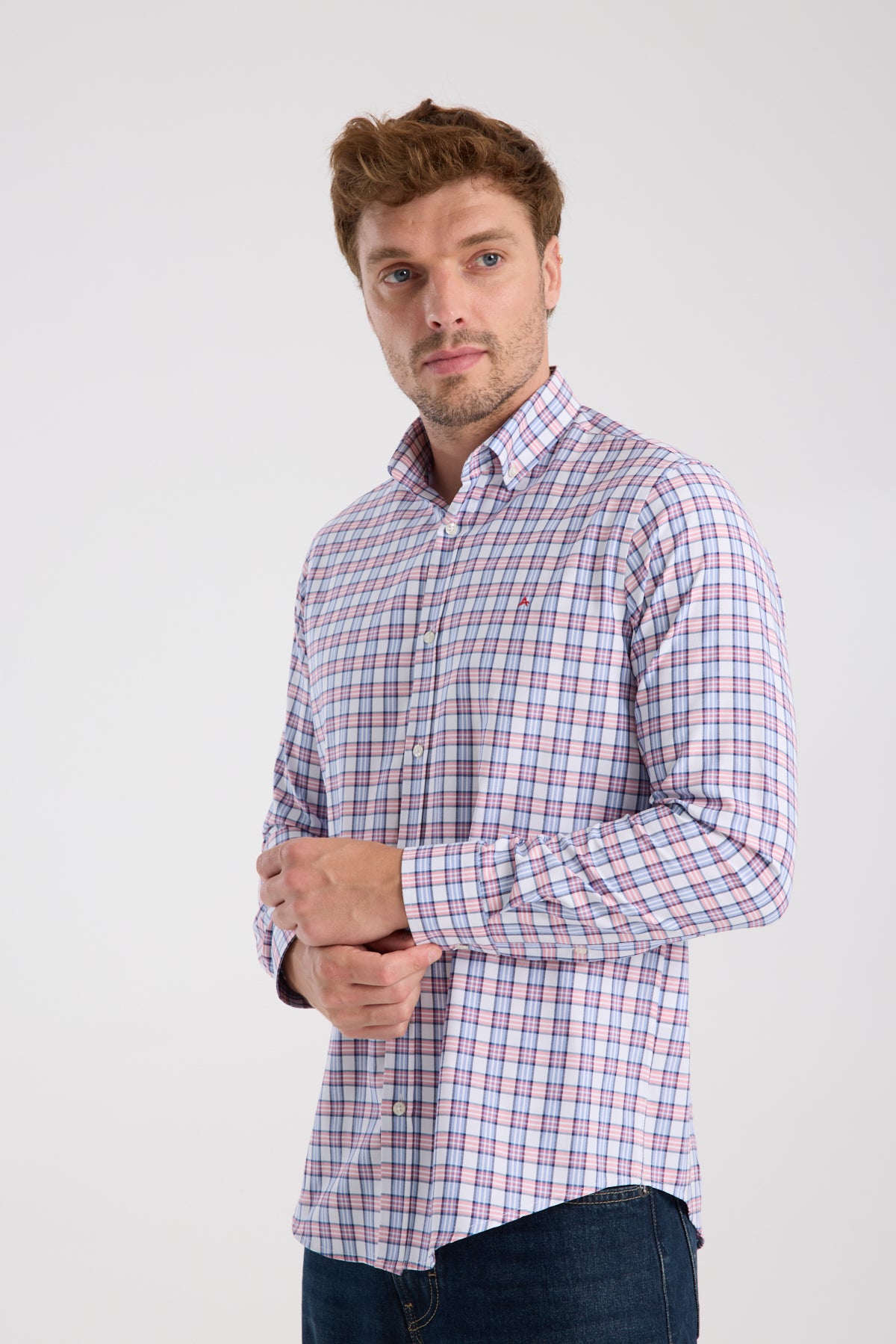 AClub AC10083 Oxford Pamuk Karışımlı Slim Fit Kırmızı Düğmeli Yaka Erkek Kareli Gömlek