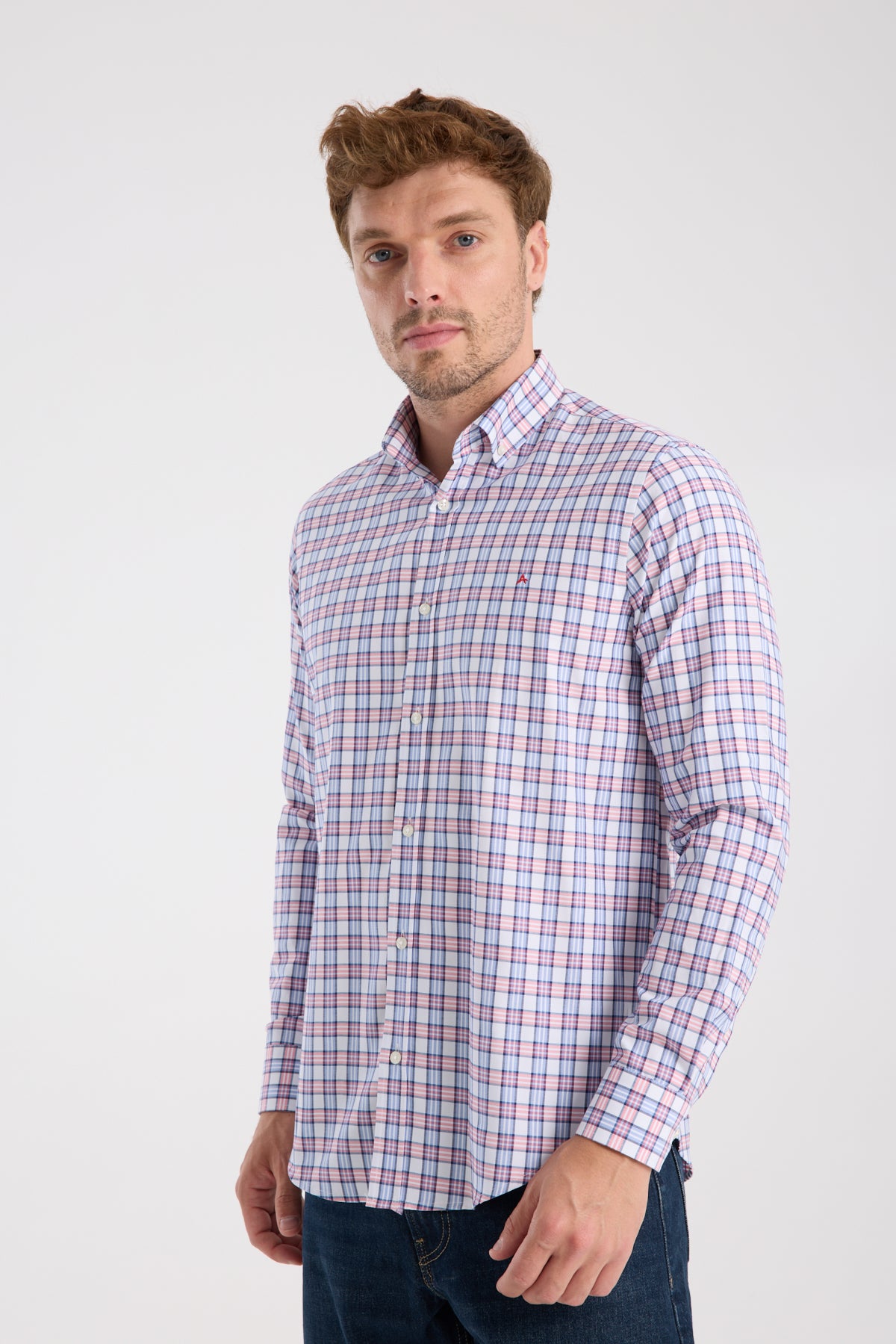 AClub AC10083 Oxford Pamuk Karışımlı Slim Fit Kırmızı Düğmeli Yaka Erkek Kareli Gömlek