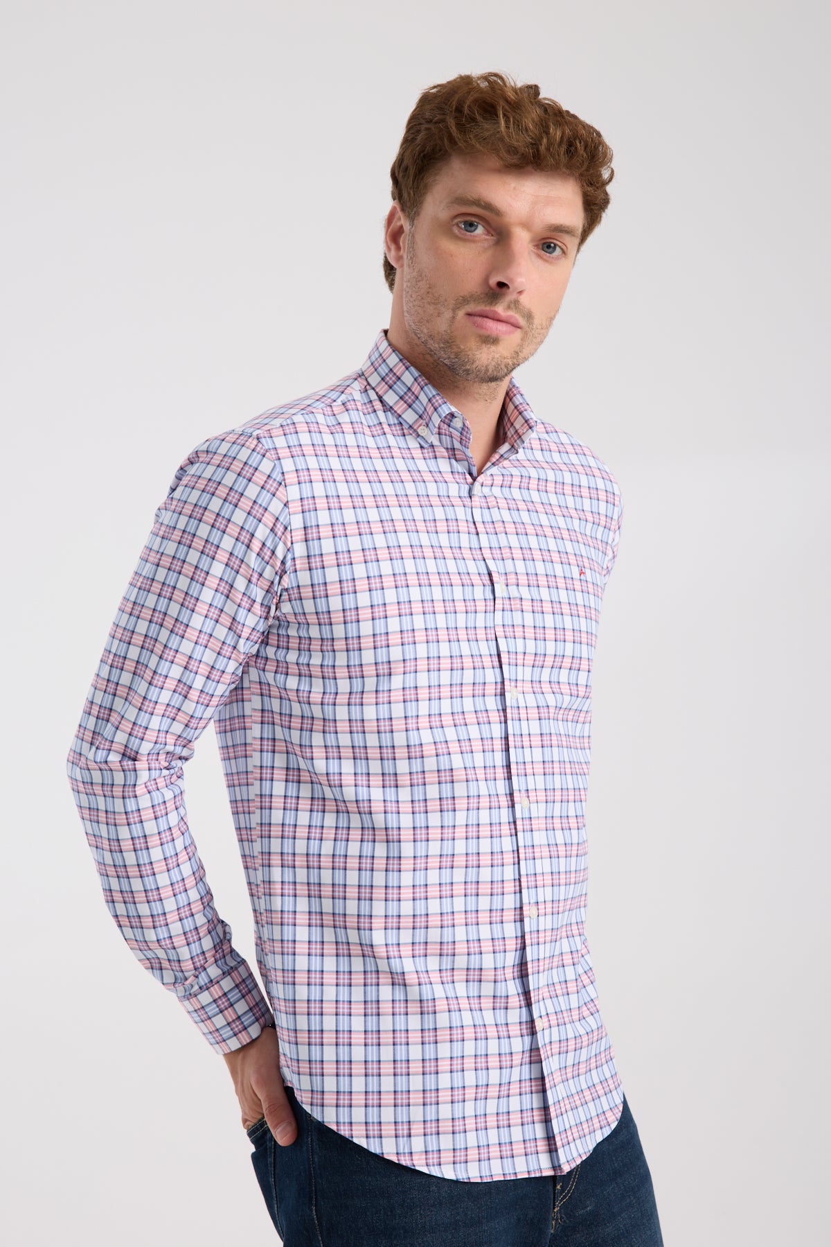 AClub AC10083 Oxford Pamuk Karışımlı Slim Fit Kırmızı Düğmeli Yaka Erkek Kareli Gömlek