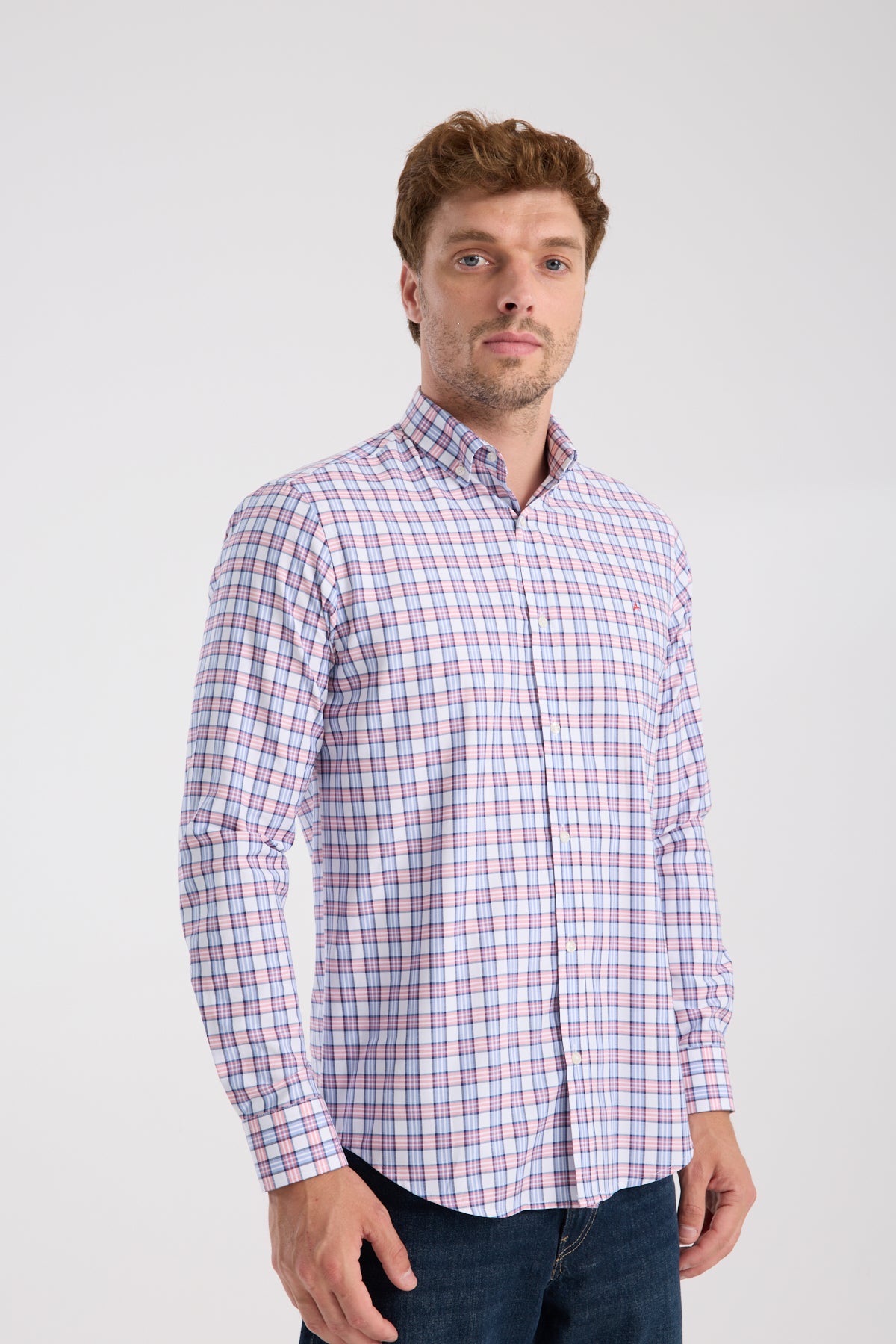 AClub AC10083 Oxford Pamuk Karışımlı Slim Fit Kırmızı Düğmeli Yaka Erkek Kareli Gömlek