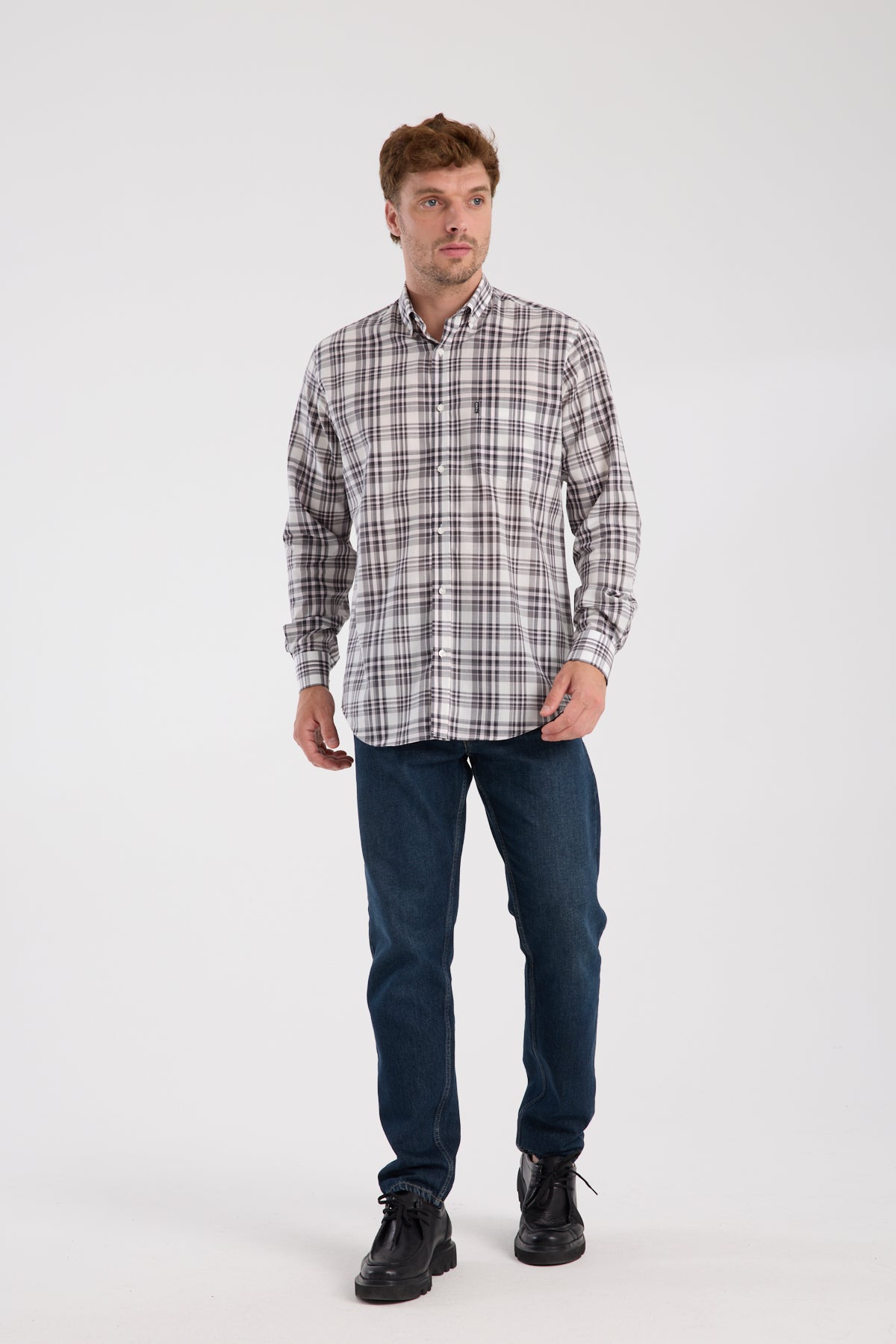 AClub AC10084 Poplin Pamuklu Regular Fit Gri Düğmeli Yaka Erkek Kareli Gömlek