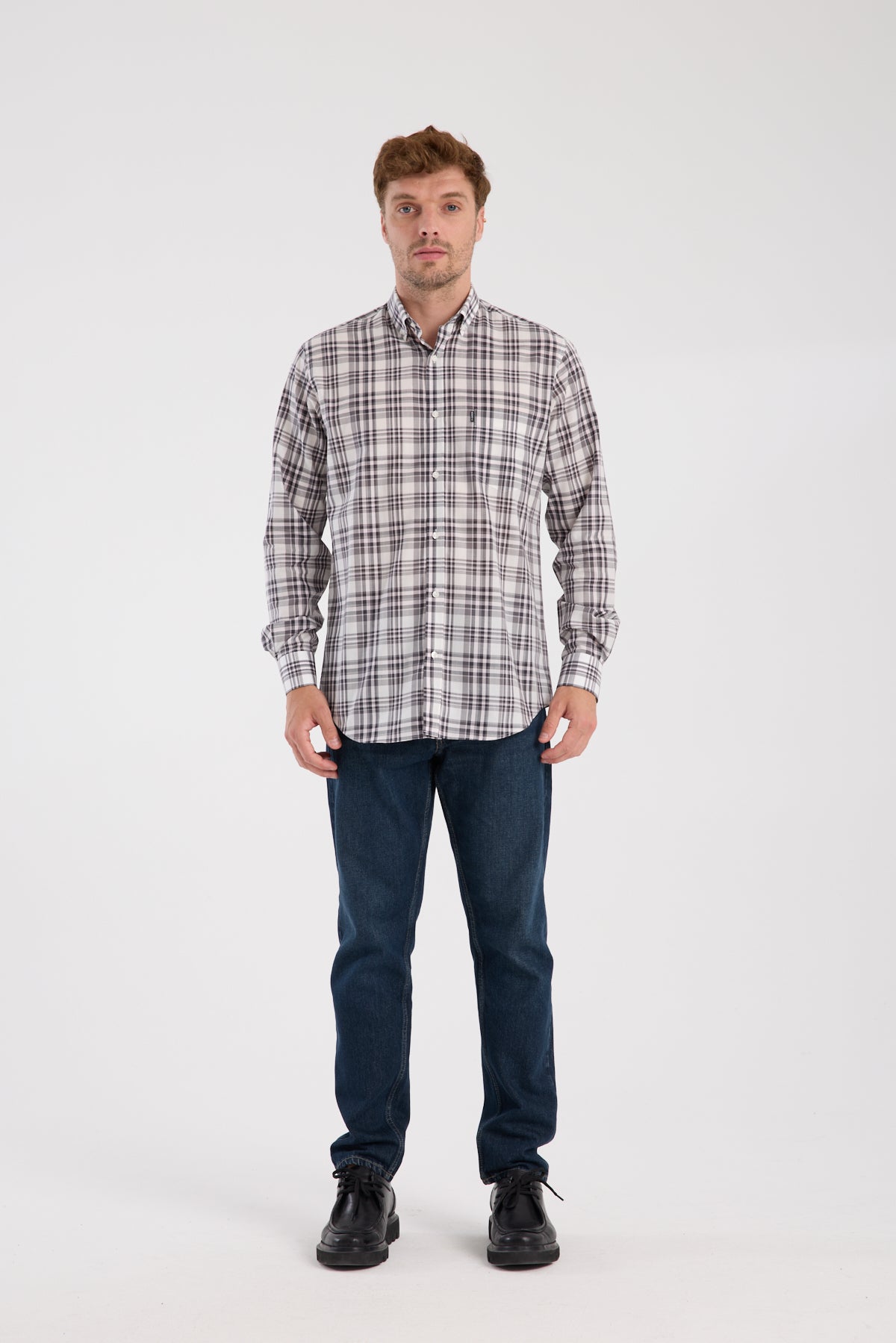 AClub AC10084 Poplin Pamuklu Regular Fit Gri Düğmeli Yaka Erkek Kareli Gömlek