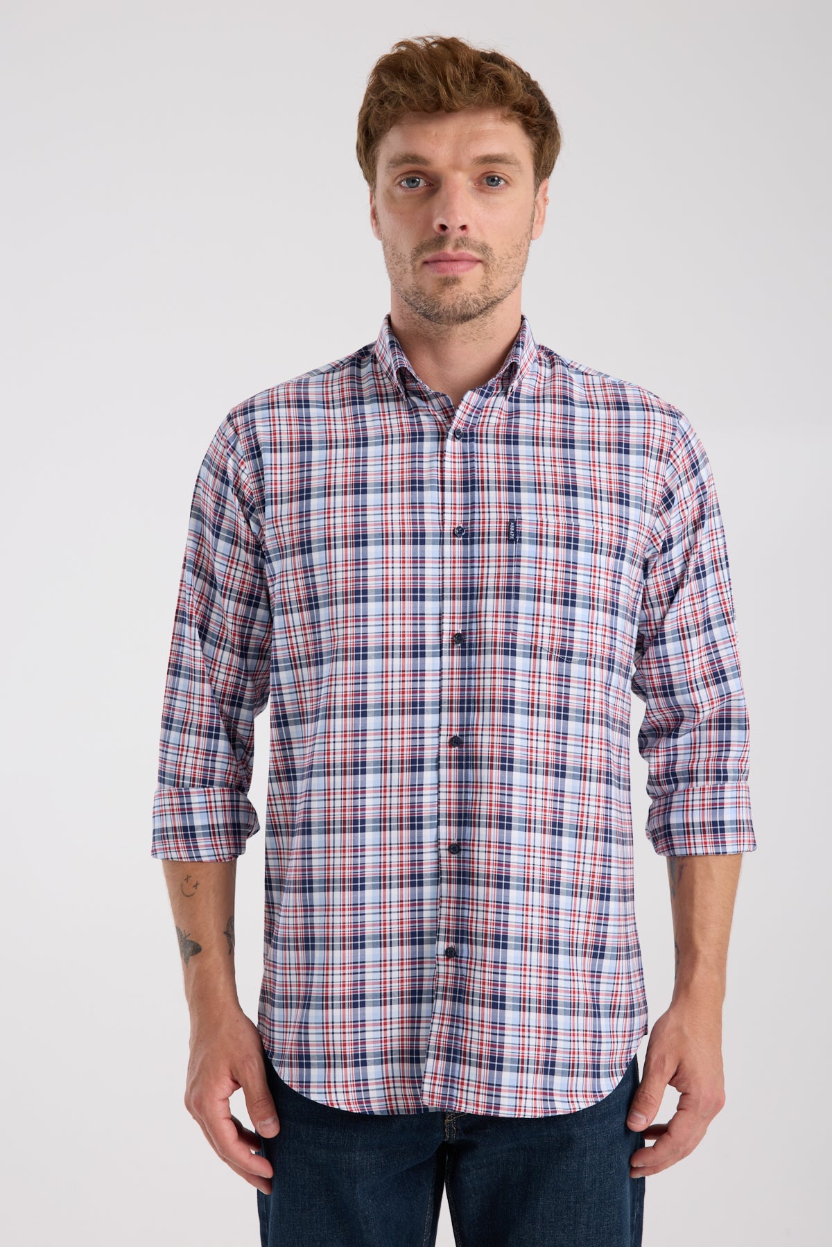 AClub AC10084 Poplin Pamuklu Regular Fit Kırmızı Düğmeli Yaka Erkek Kareli Gömlek