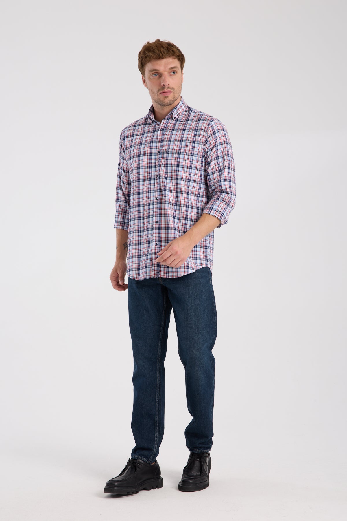 AClub AC10084 Poplin Pamuklu Regular Fit Kırmızı Düğmeli Yaka Erkek Kareli Gömlek