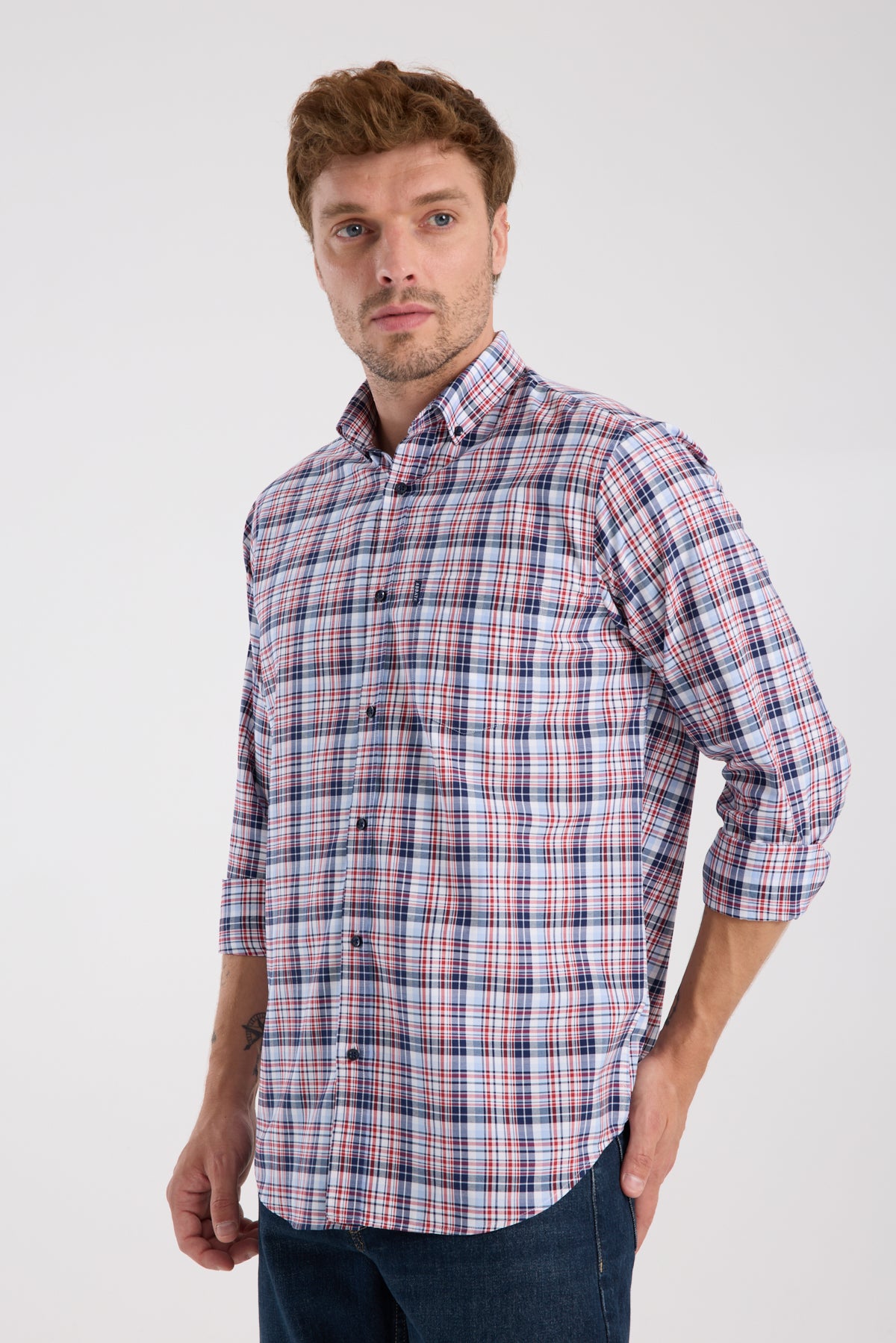AClub AC10084 Poplin Pamuklu Regular Fit Kırmızı Düğmeli Yaka Erkek Kareli Gömlek