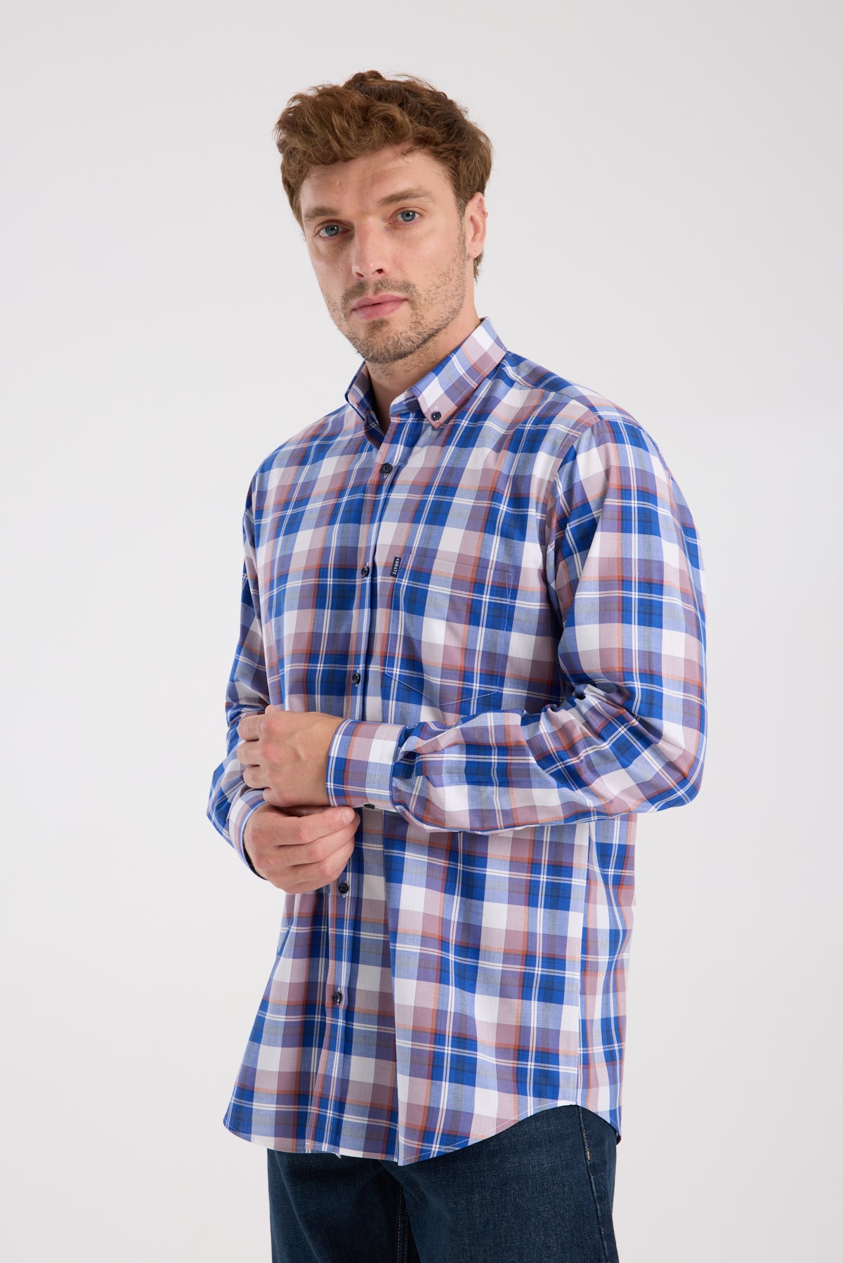 AClub AC10085 Poplin Pamuklu Regular Fit Lacivert Düğmeli Yaka Erkek Kareli Gömlek