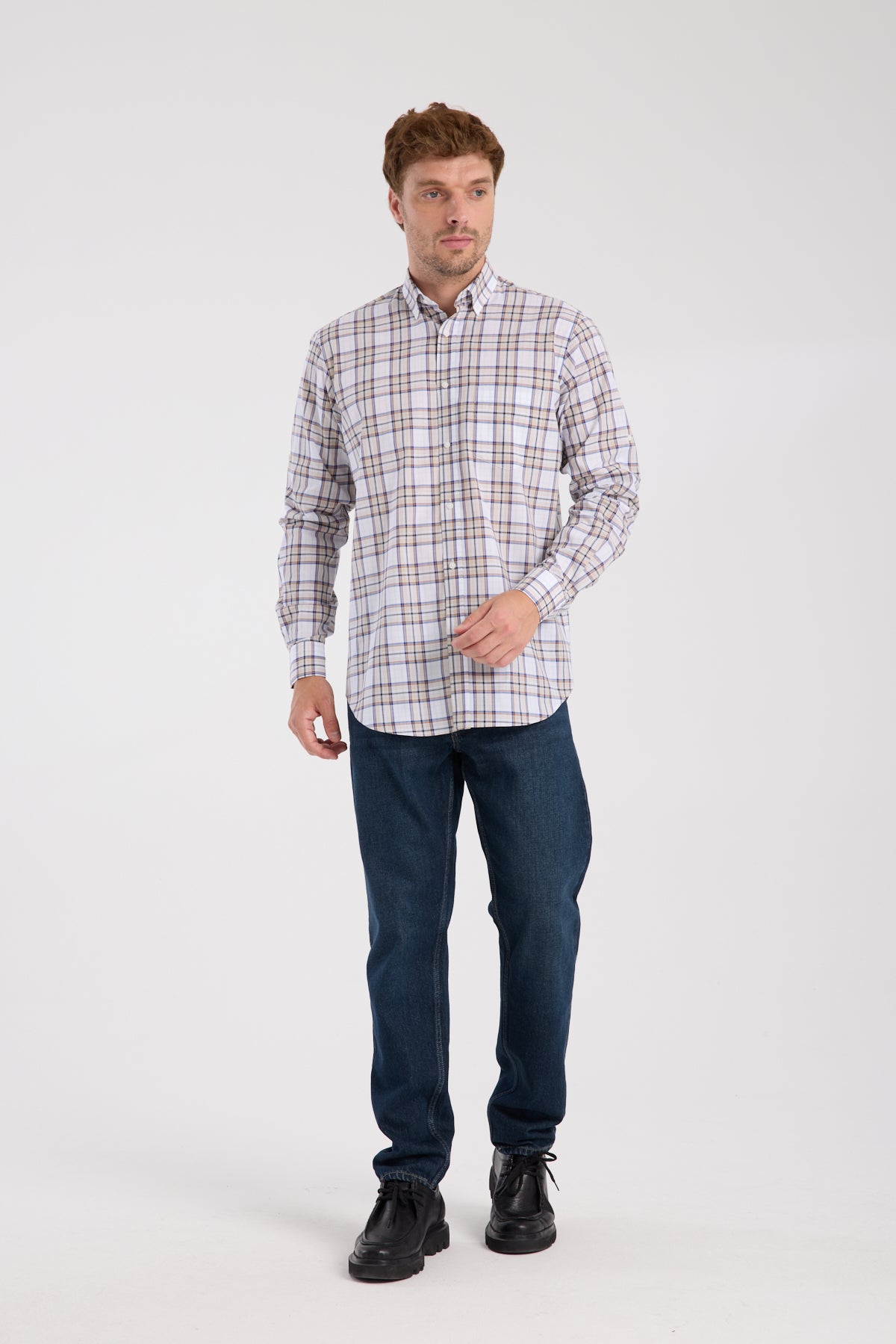 AClub AC10086 Poplin Pamuklu Regular Fit Kahverengi Düğmeli Yaka Erkek Kareli Gömlek