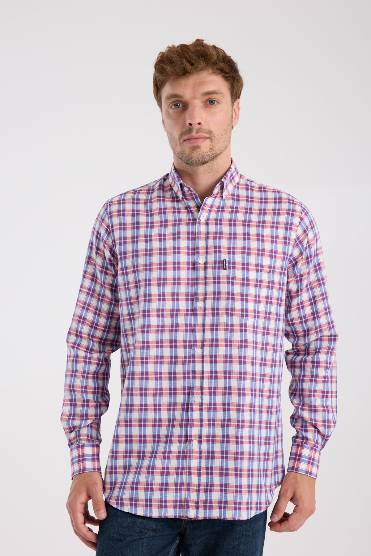 AClub AC10087 Poplin Pamuklu Regular Fit Kırmızı Düğmeli Yaka Erkek Kareli Gömlek