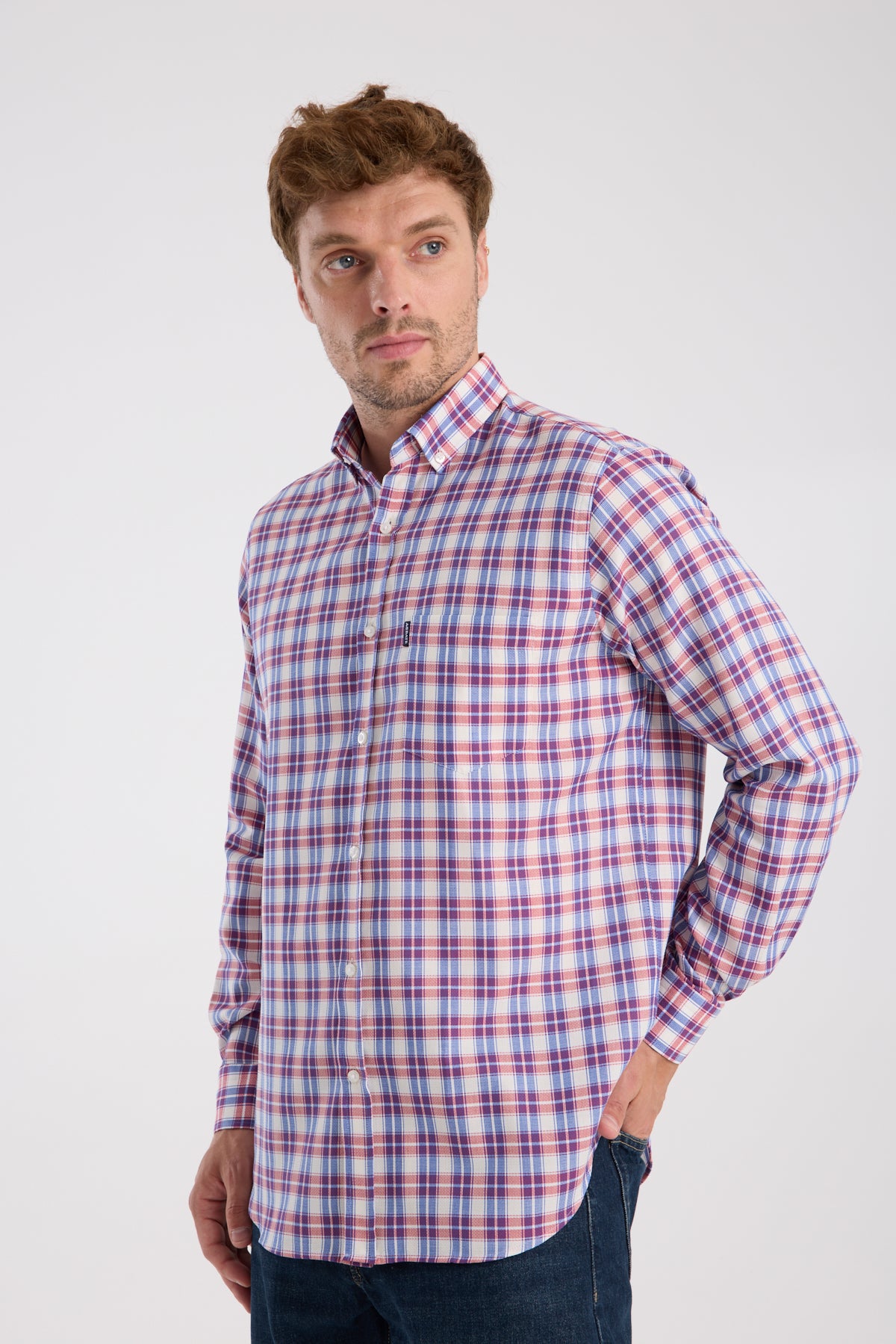 AClub AC10087 Poplin Pamuklu Regular Fit Kırmızı Düğmeli Yaka Erkek Kareli Gömlek