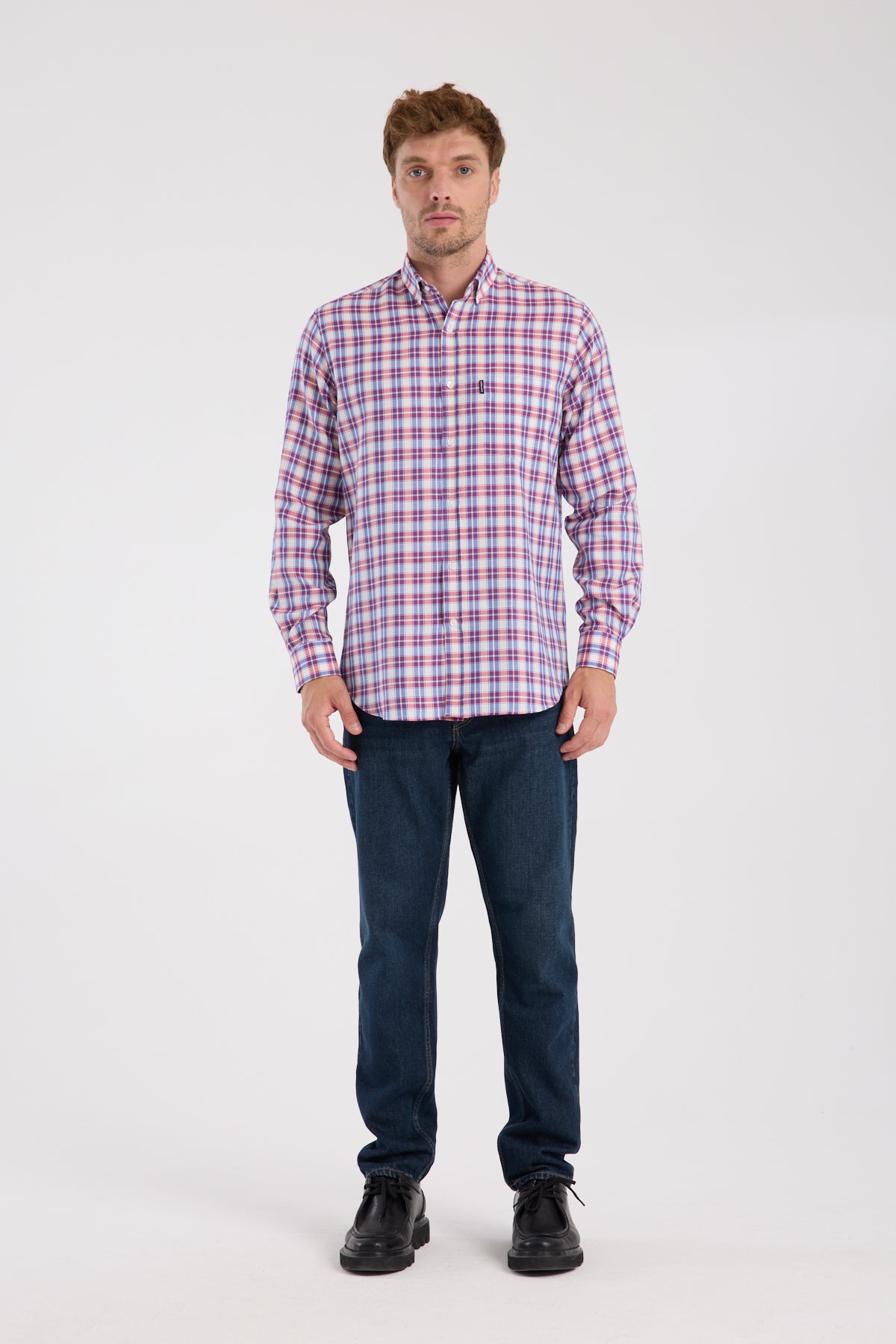 AClub AC10087 Poplin Pamuklu Regular Fit Kırmızı Düğmeli Yaka Erkek Kareli Gömlek