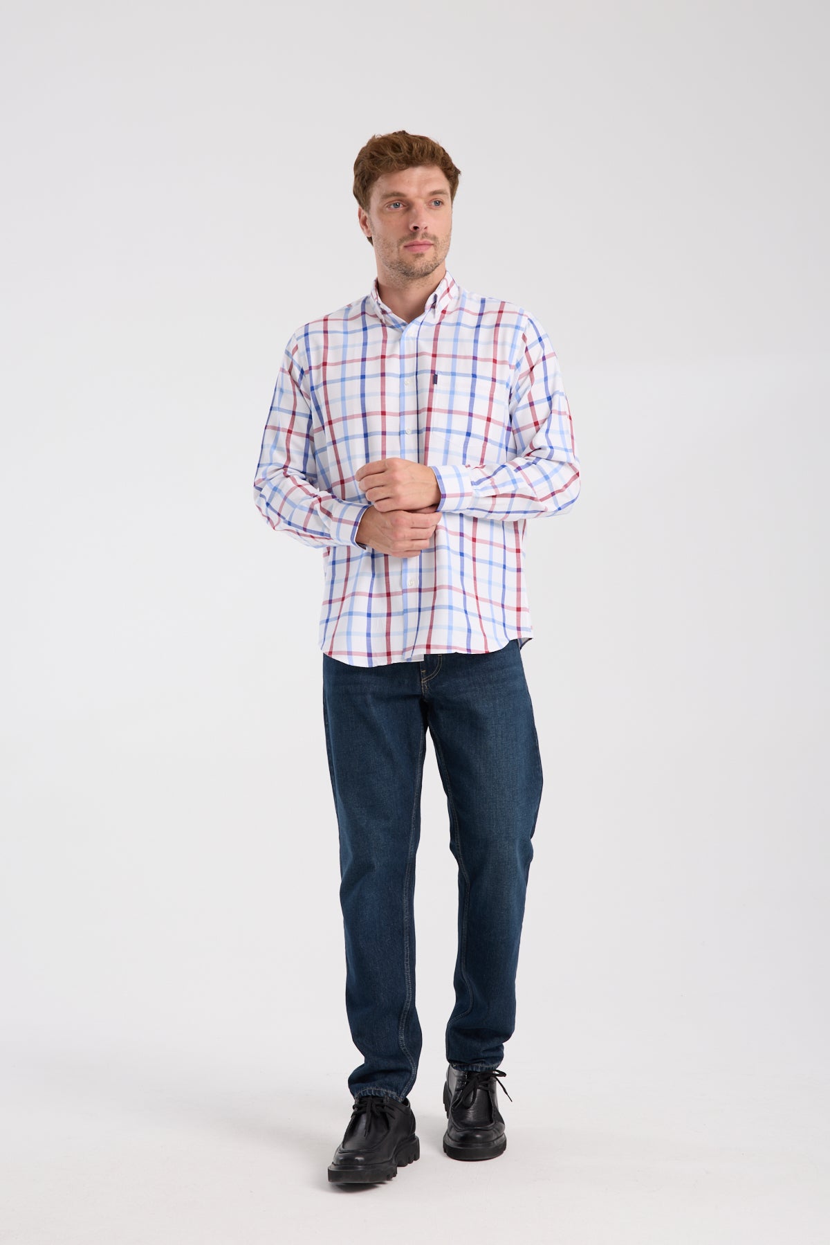 AClub AC10089 Oxford Pamuk Karışımlı Regular Fit Kırmızı Düğmeli Yaka Erkek Kareli Gömlek