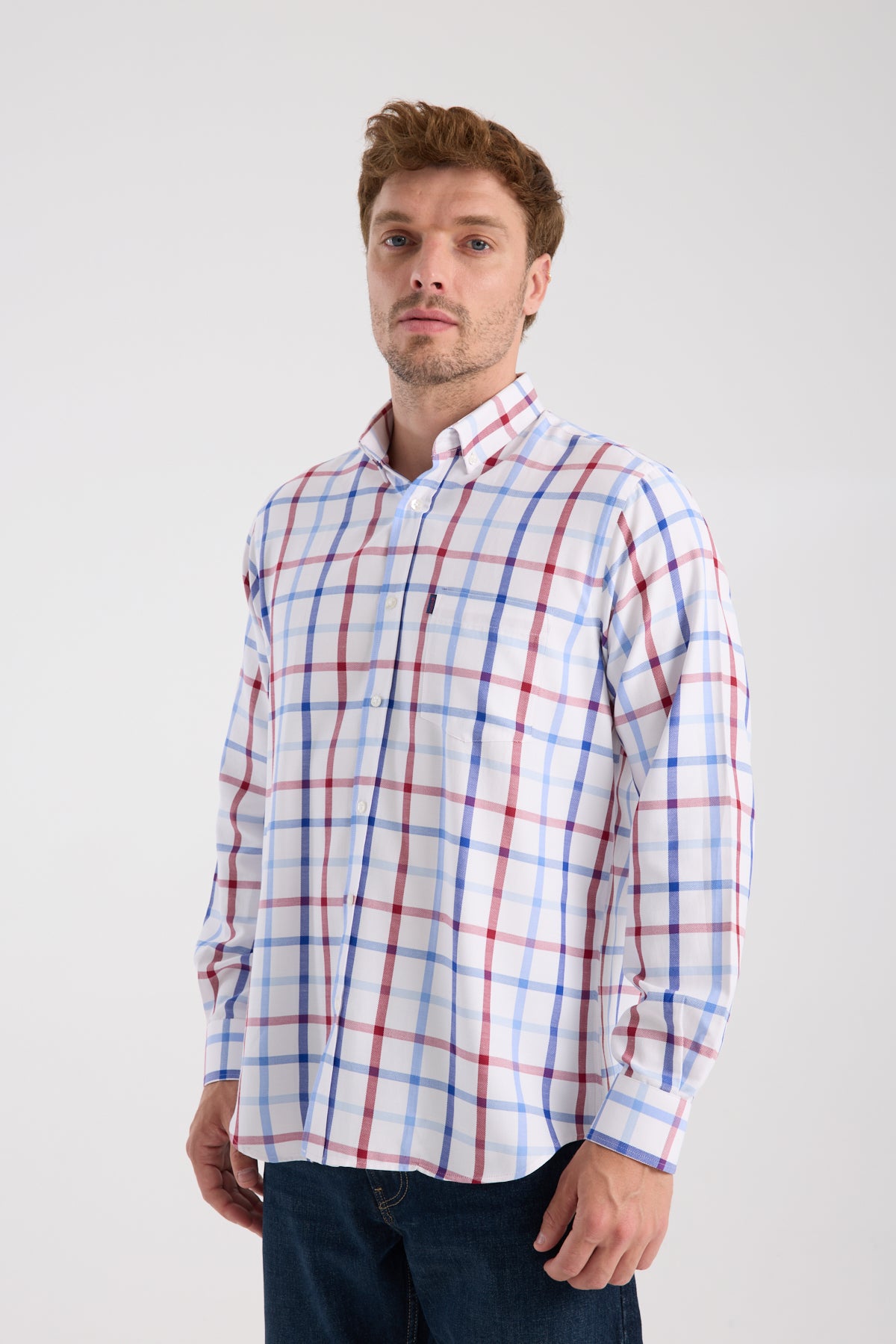 AClub AC10089 Oxford Pamuk Karışımlı Regular Fit Kırmızı Düğmeli Yaka Erkek Kareli Gömlek