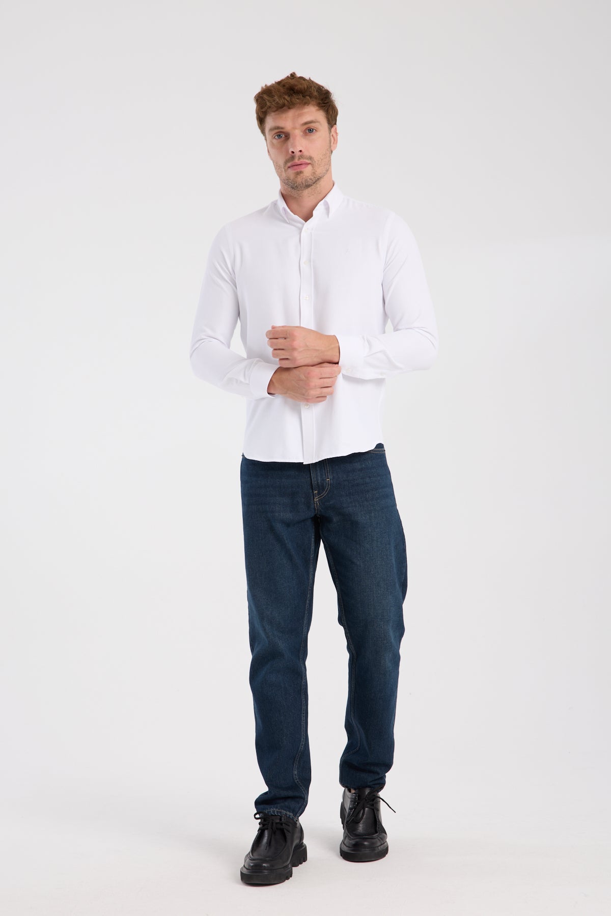 AClub AC10093 Oxford Pamuklu Slim Fit Beyaz Düğmeli Yaka Erkek Düz Gömlek