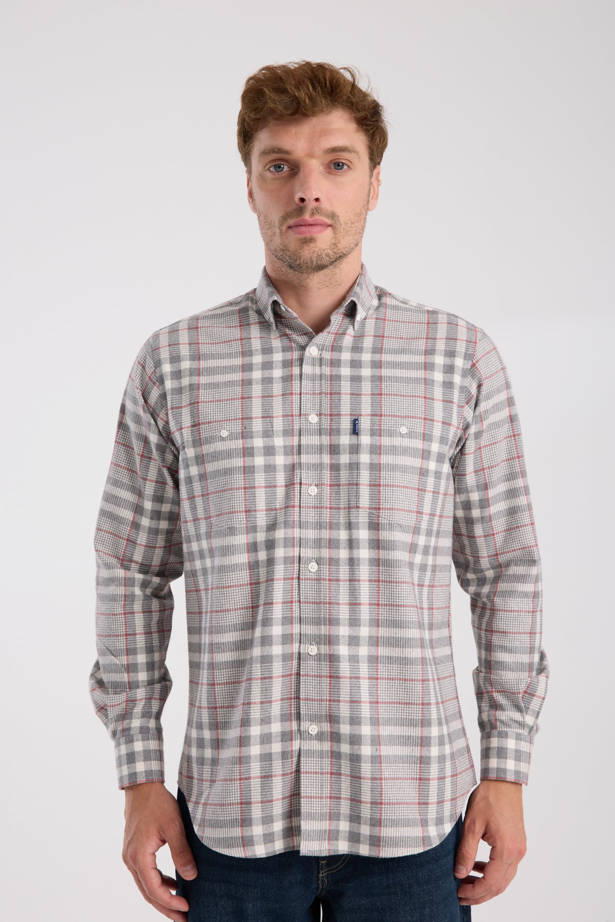 AClub AC10094 Flanel Pamuk Karışımlı Regular Fit Gri Düğmeli Yaka Erkek Kareli Gömlek