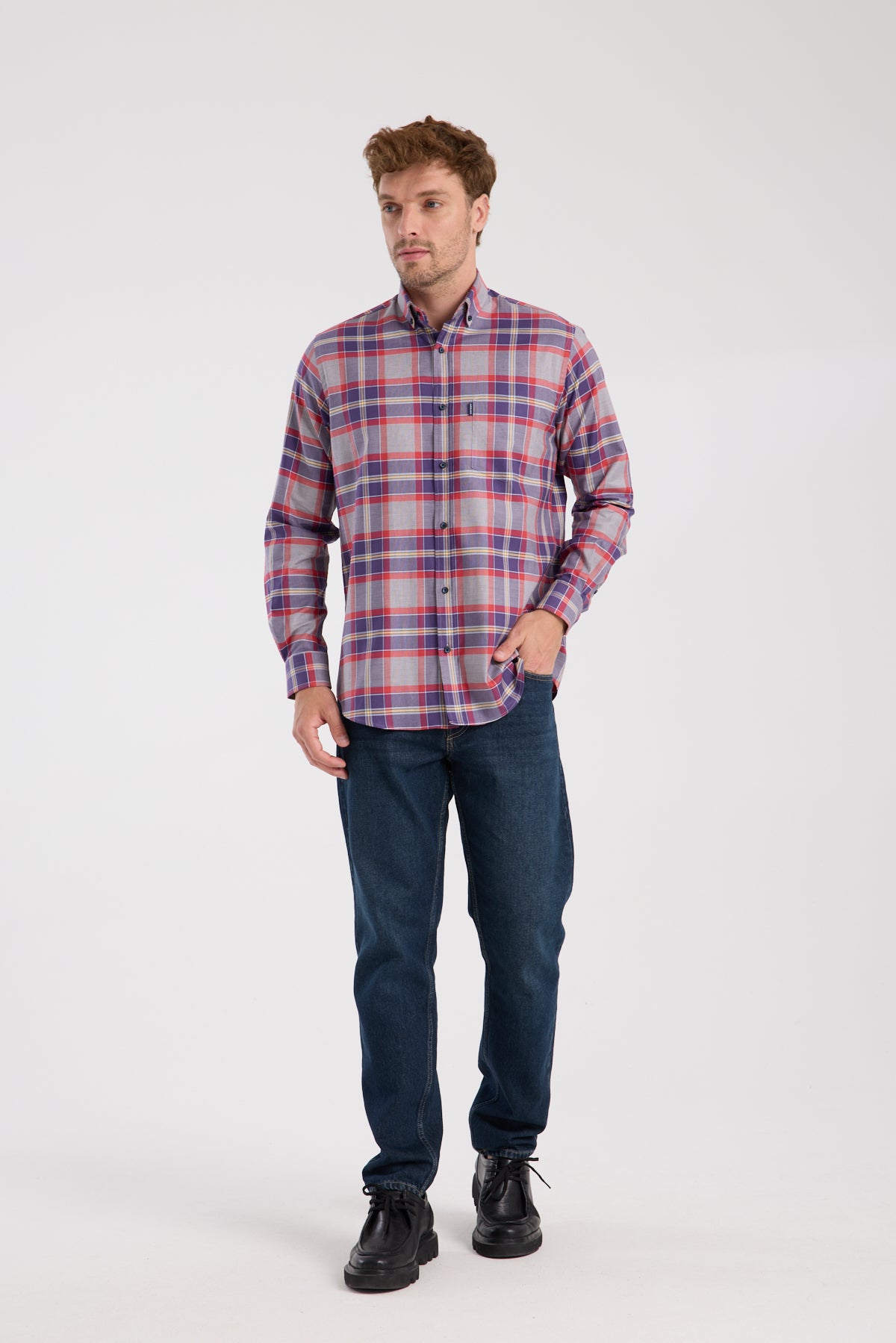 AClub AC10098 Twill Pamuklu Regular Fit Gri Düğmeli Yaka Erkek Kareli Gömlek