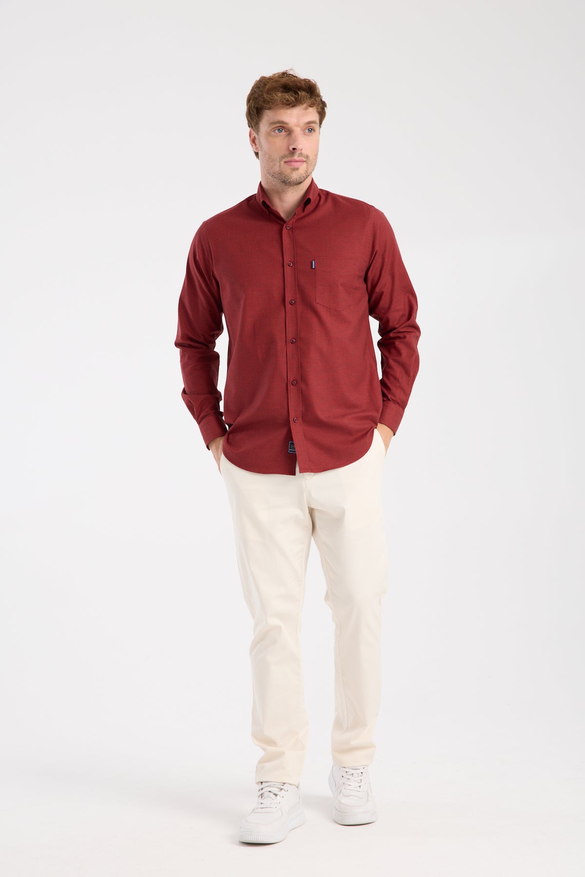 AClub AC10099 Armür Stretch Pamuk Karışımlı Regular Fit Kırmızı Düğmeli Yaka Erkek Desenli Gömlek