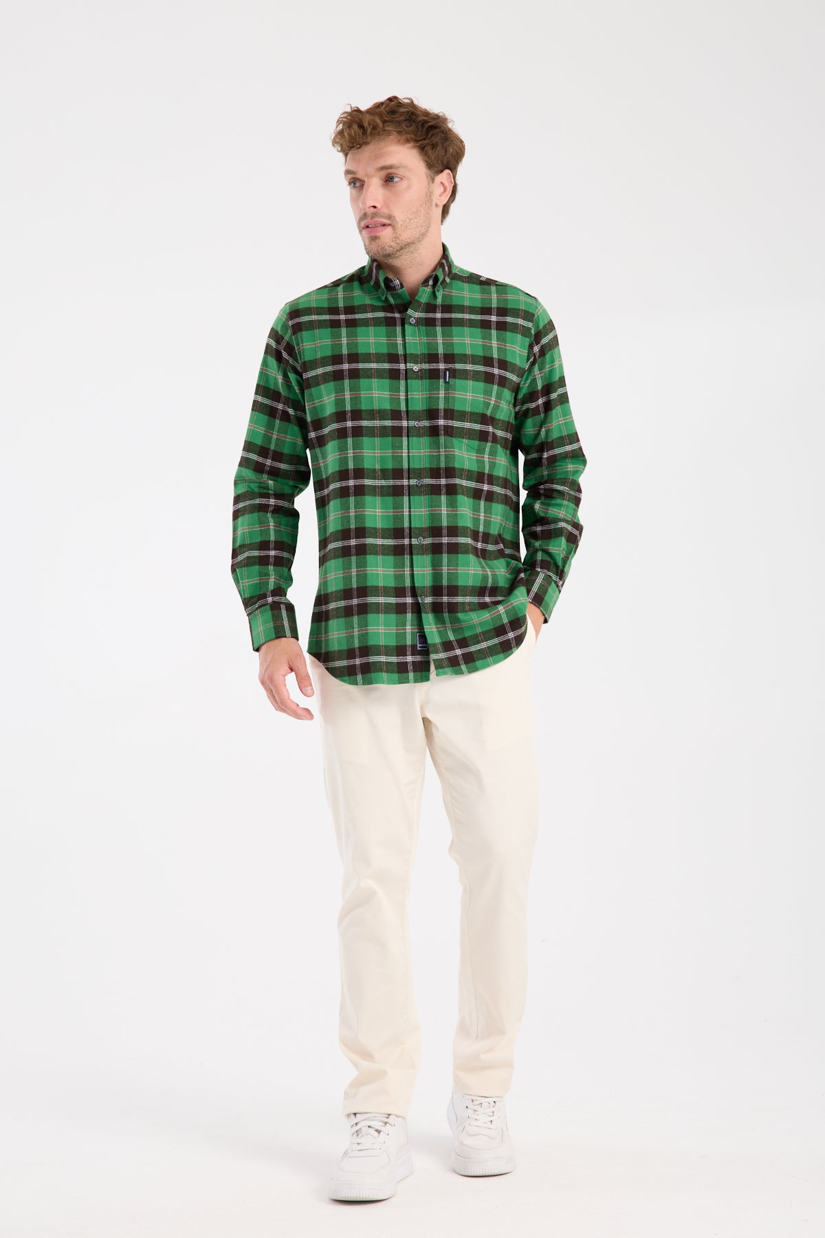 AClub AC10101 Flanel Pamuklu Regular Fit Yeşil Düğmeli Yaka Erkek Kareli Gömlek