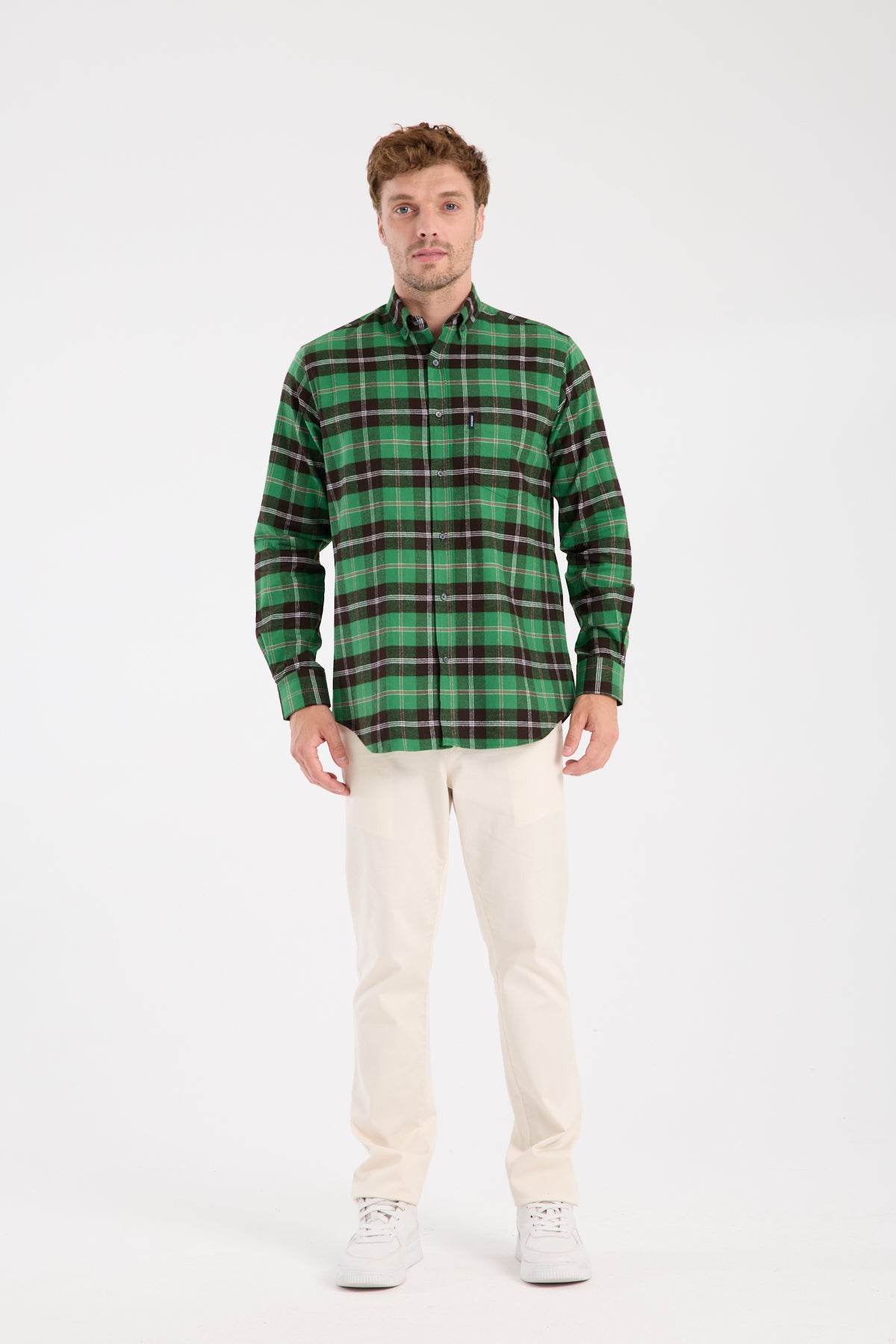 AClub AC10101 Flanel Pamuklu Regular Fit Yeşil Düğmeli Yaka Erkek Kareli Gömlek