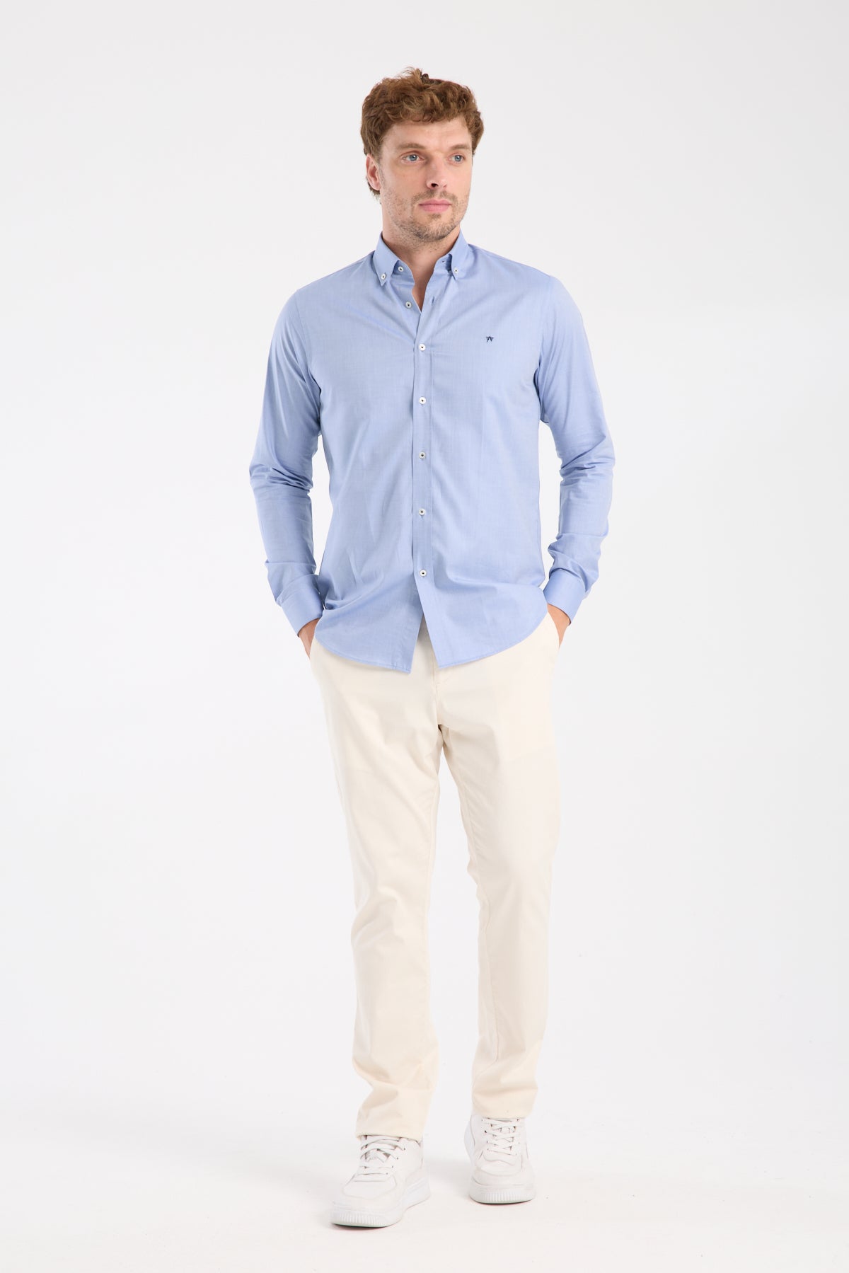 AClub AC10104 Twill Pamuklu Slim Fit Koyu Mavi Düğmeli Yaka Erkek Düz Gömlek