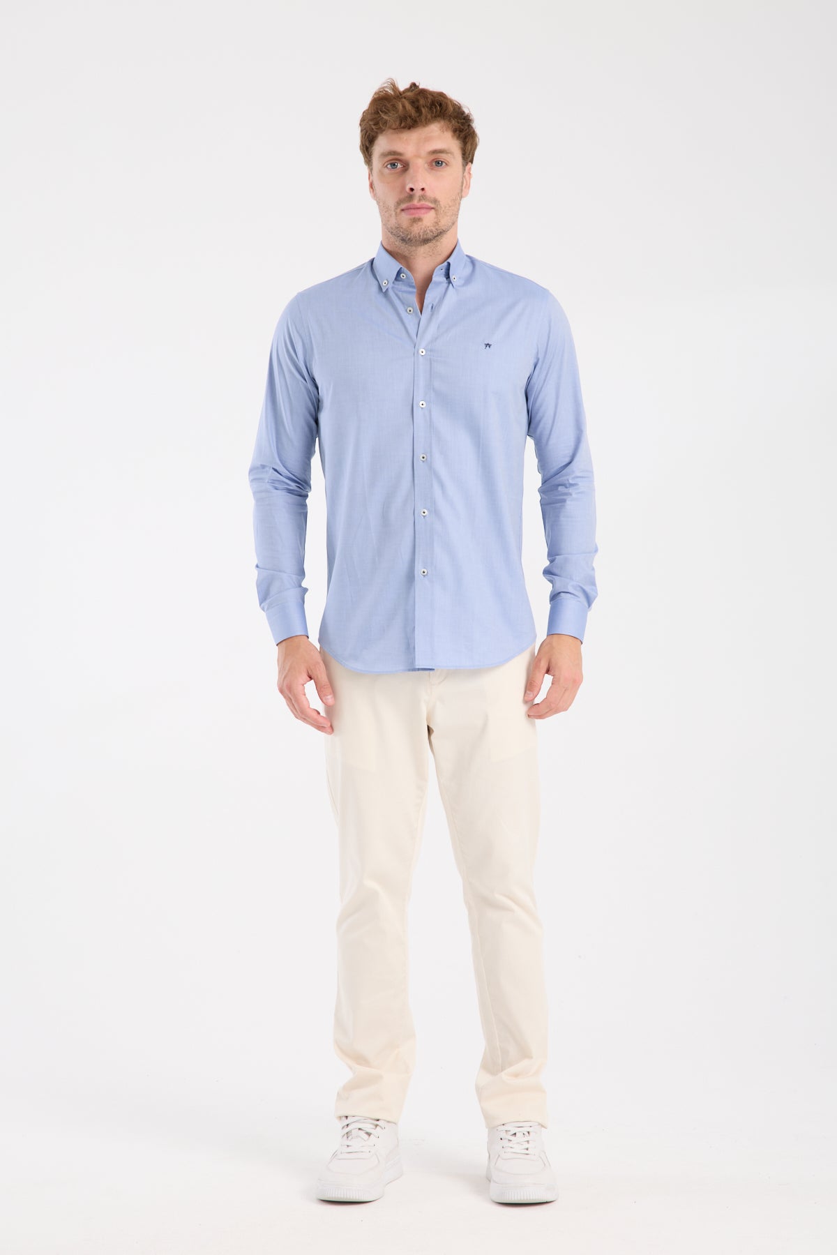 AClub AC10104 Twill Pamuklu Slim Fit Koyu Mavi Düğmeli Yaka Erkek Düz Gömlek