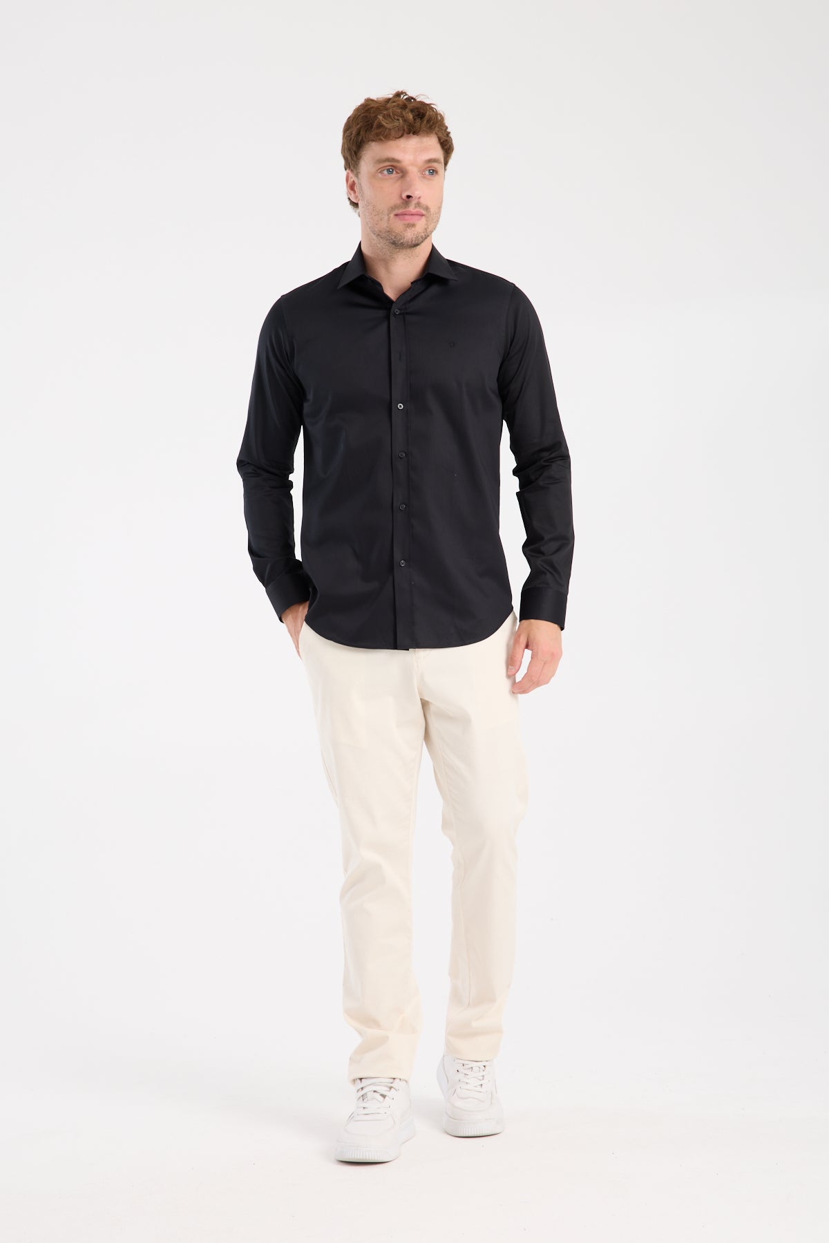 AClub AC10106 Saten Pamuklu Slim Fit Siyah Klasik Yaka Erkek Düz Gömlek