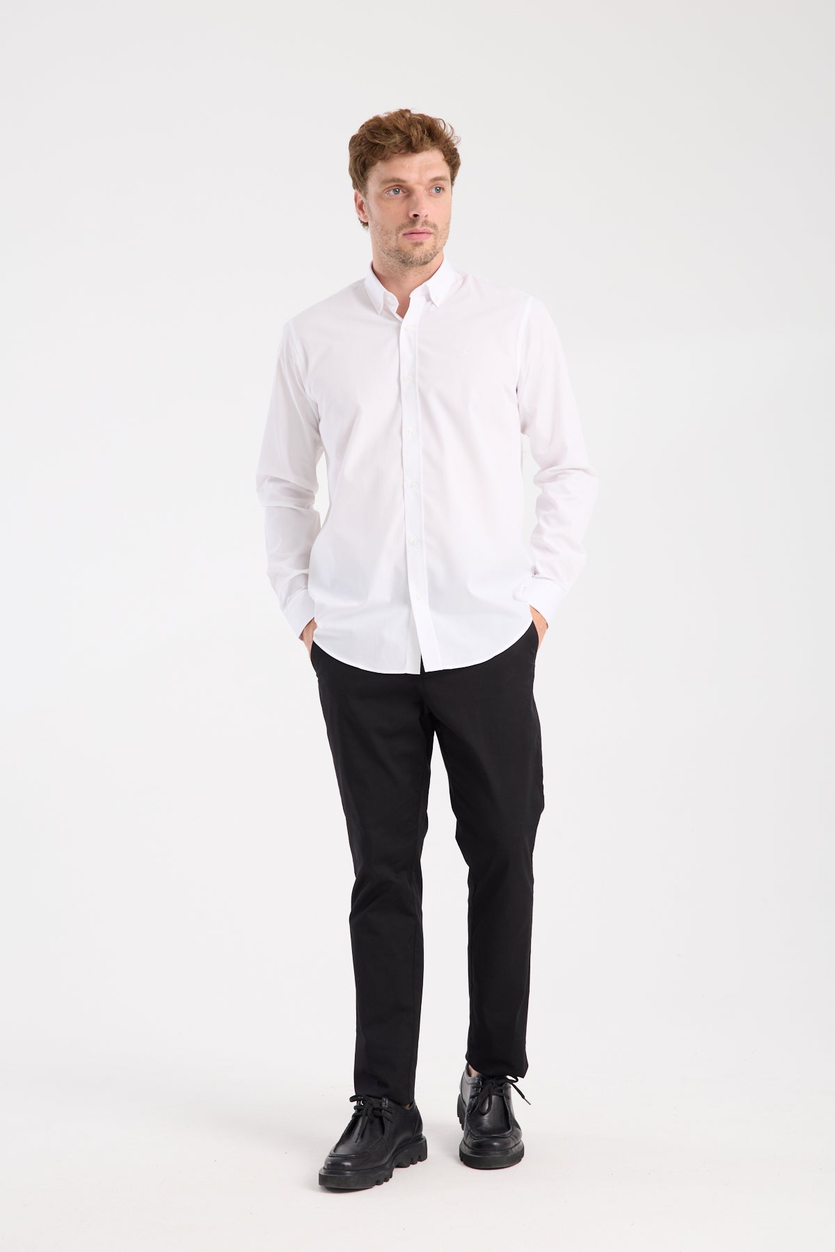 AClub AC10107 Poplin Pamuk Karışımlı Slim Fit Beyaz Düğmeli Yaka Erkek Düz Gömlek