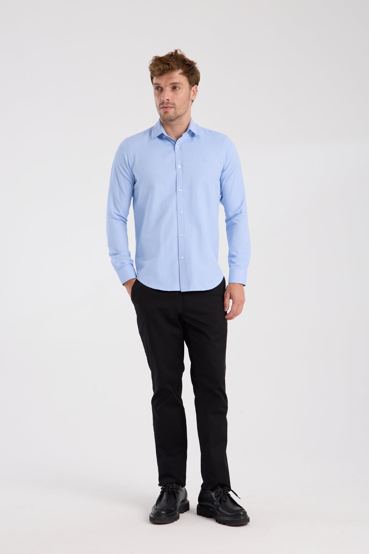 AClub AC10112 Oxford Pamuklu Slim Fit Mavi Düğmeli Yaka Erkek Düz Gömlek