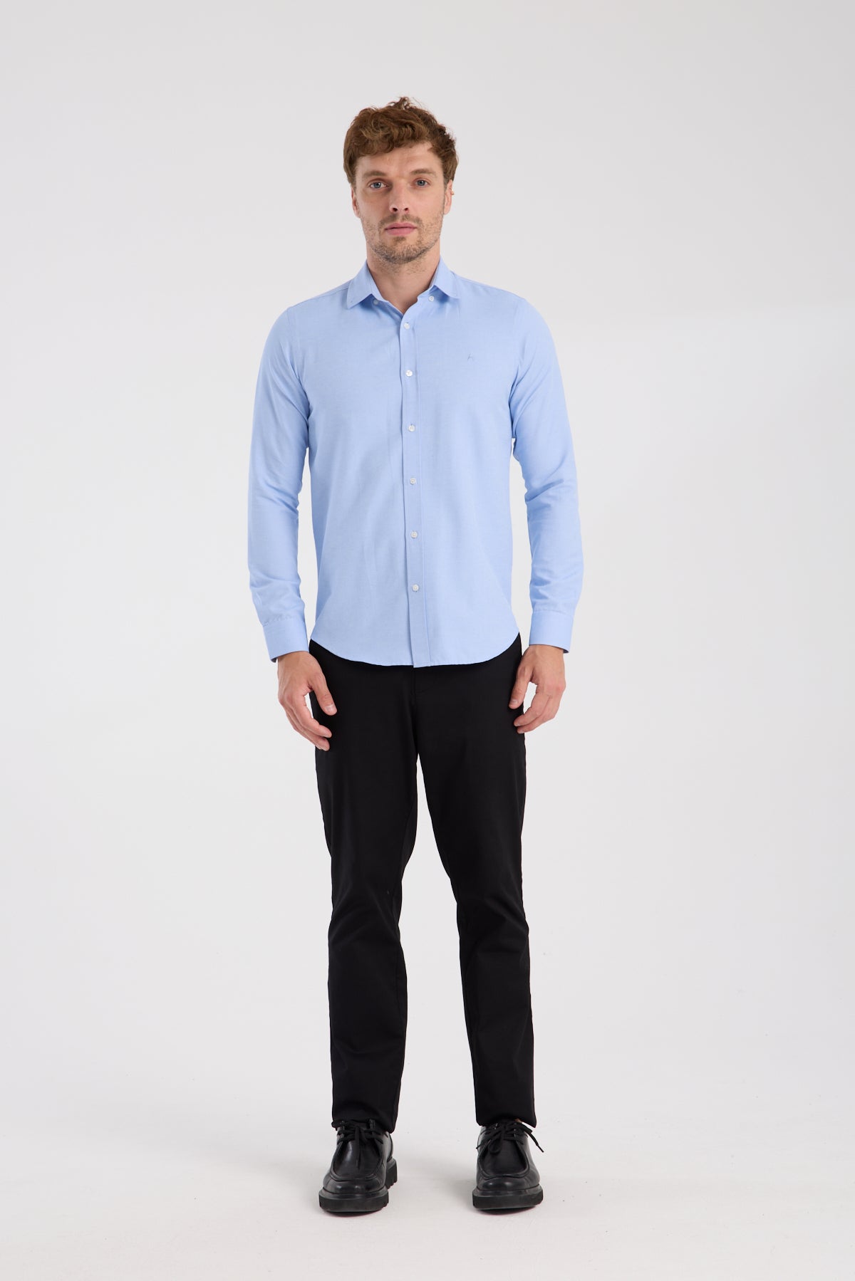 AClub AC10112 Oxford Pamuklu Slim Fit Mavi Düğmeli Yaka Erkek Düz Gömlek