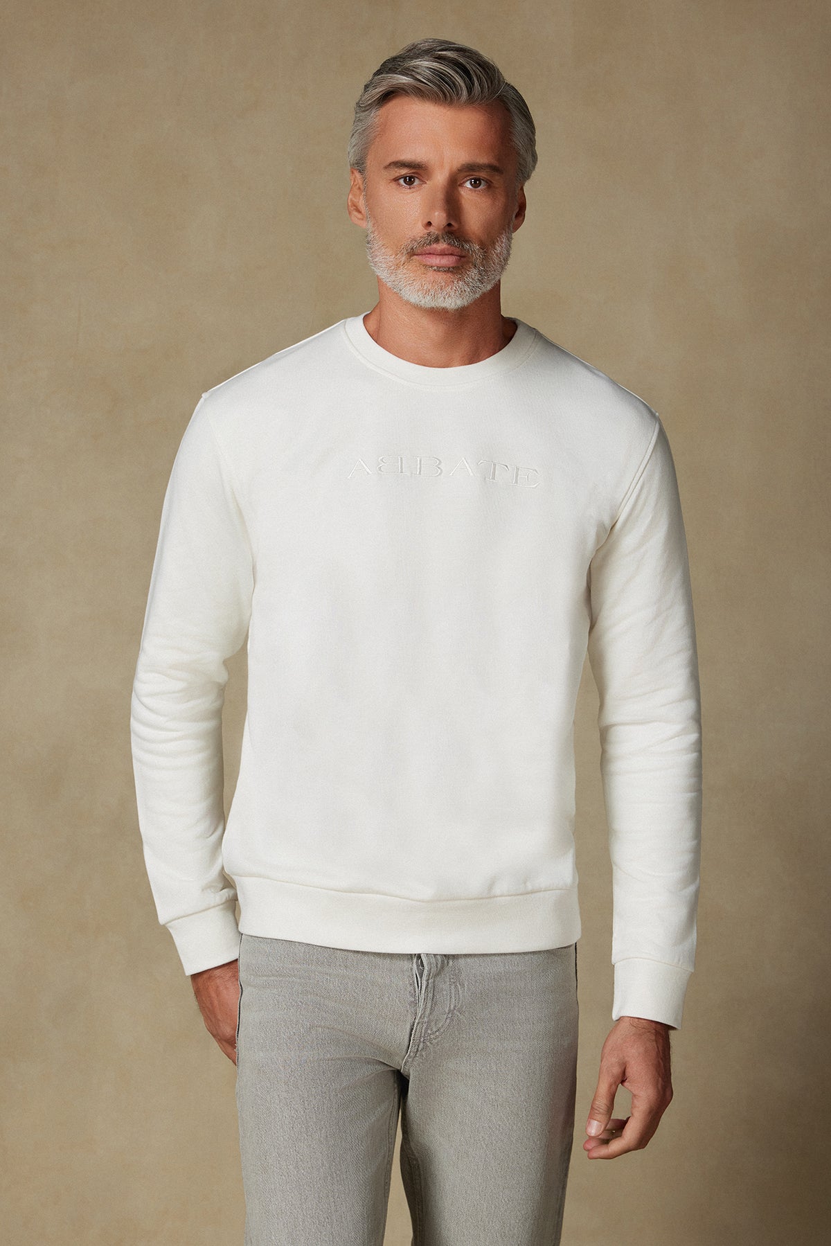 Abbate Sweatshirt Örme Kumaş Pamuklu Comfort Fit Beyaz Bisiklet Yaka Erkek Nakışlı Sweatshirt