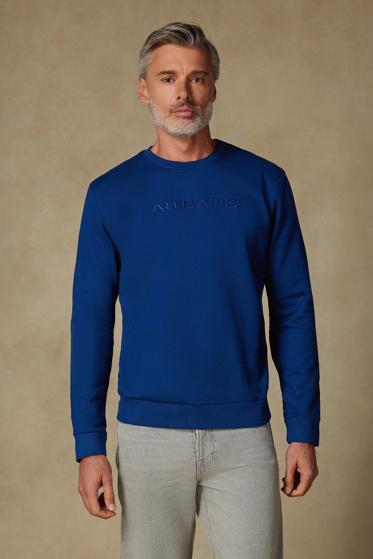 Abbate Sweatshirt Örme Kumaş Pamuklu Comfort Fit Saks Bisiklet Yaka Erkek Nakışlı Sweatshirt