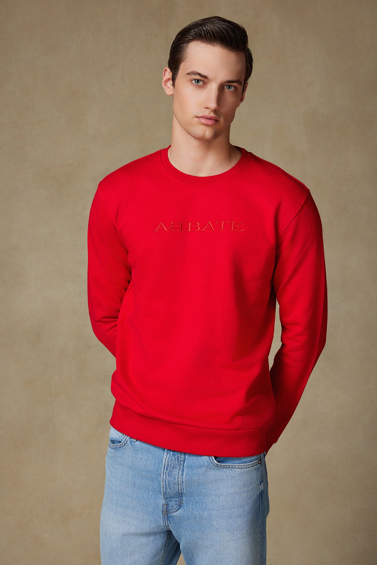 Abbate Sweatshirt Örme Kumaş Pamuklu Comfort Fit Kırmızı Bisiklet Yaka Erkek Nakışlı Sweatshirt