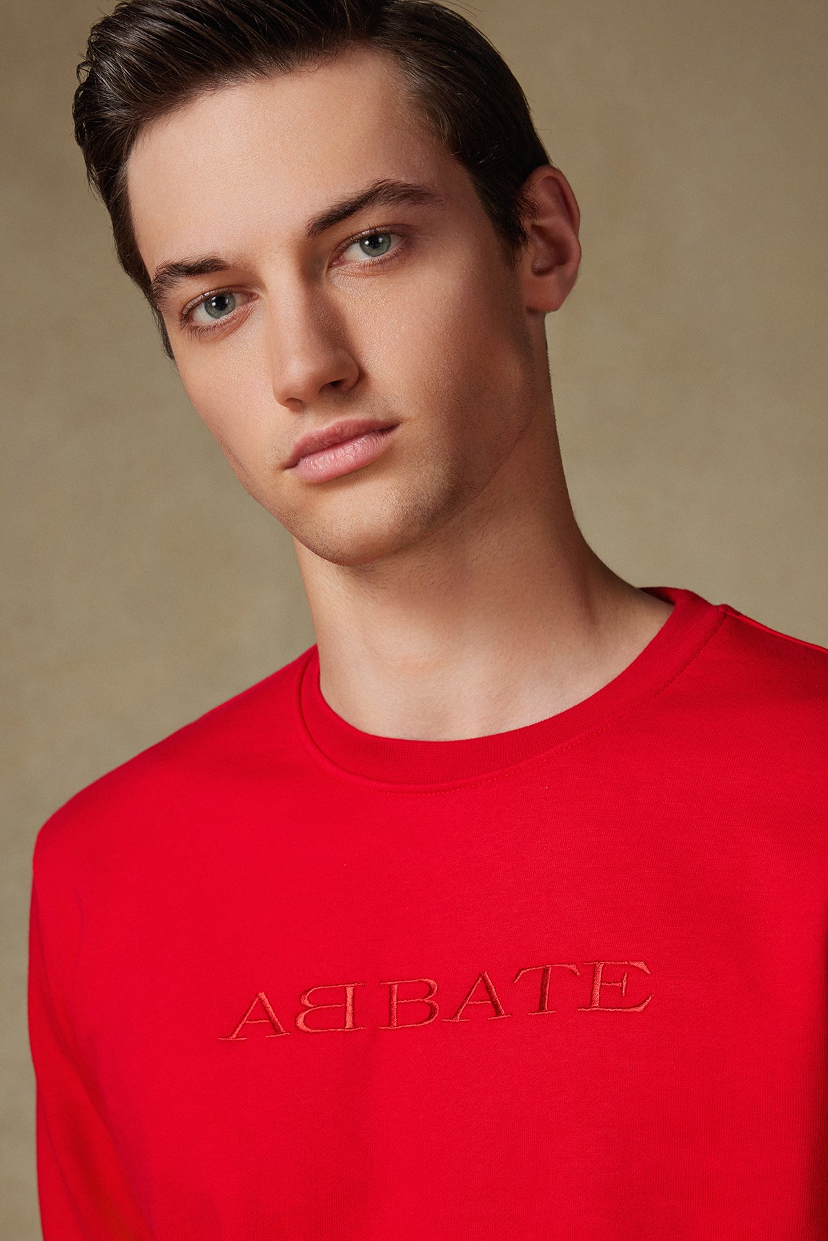 Abbate Sweatshirt Örme Kumaş Pamuklu Comfort Fit Kırmızı Bisiklet Yaka Erkek Nakışlı Sweatshirt