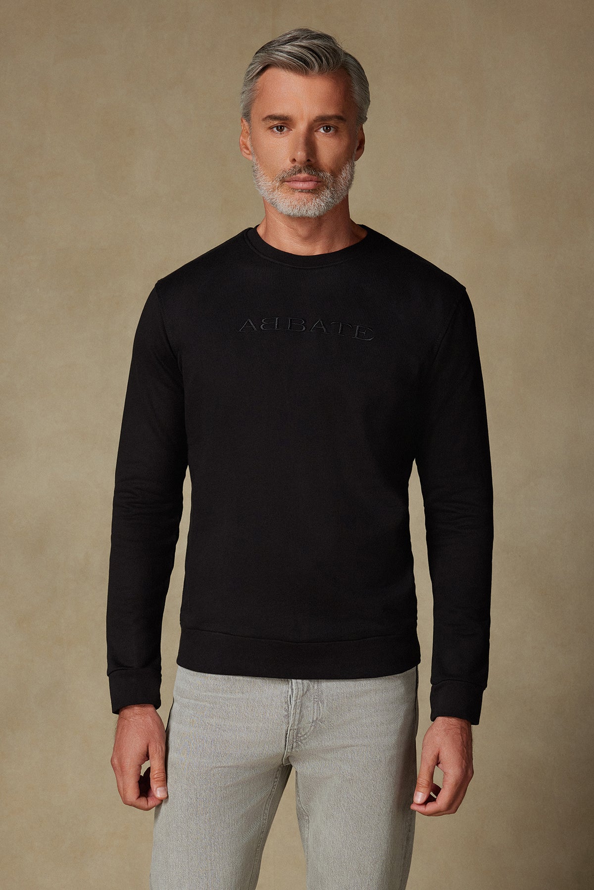 Abbate Sweatshirt Örme Kumaş Pamuklu Comfort Fit Siyah Bisiklet Yaka Erkek Nakışlı Sweatshirt