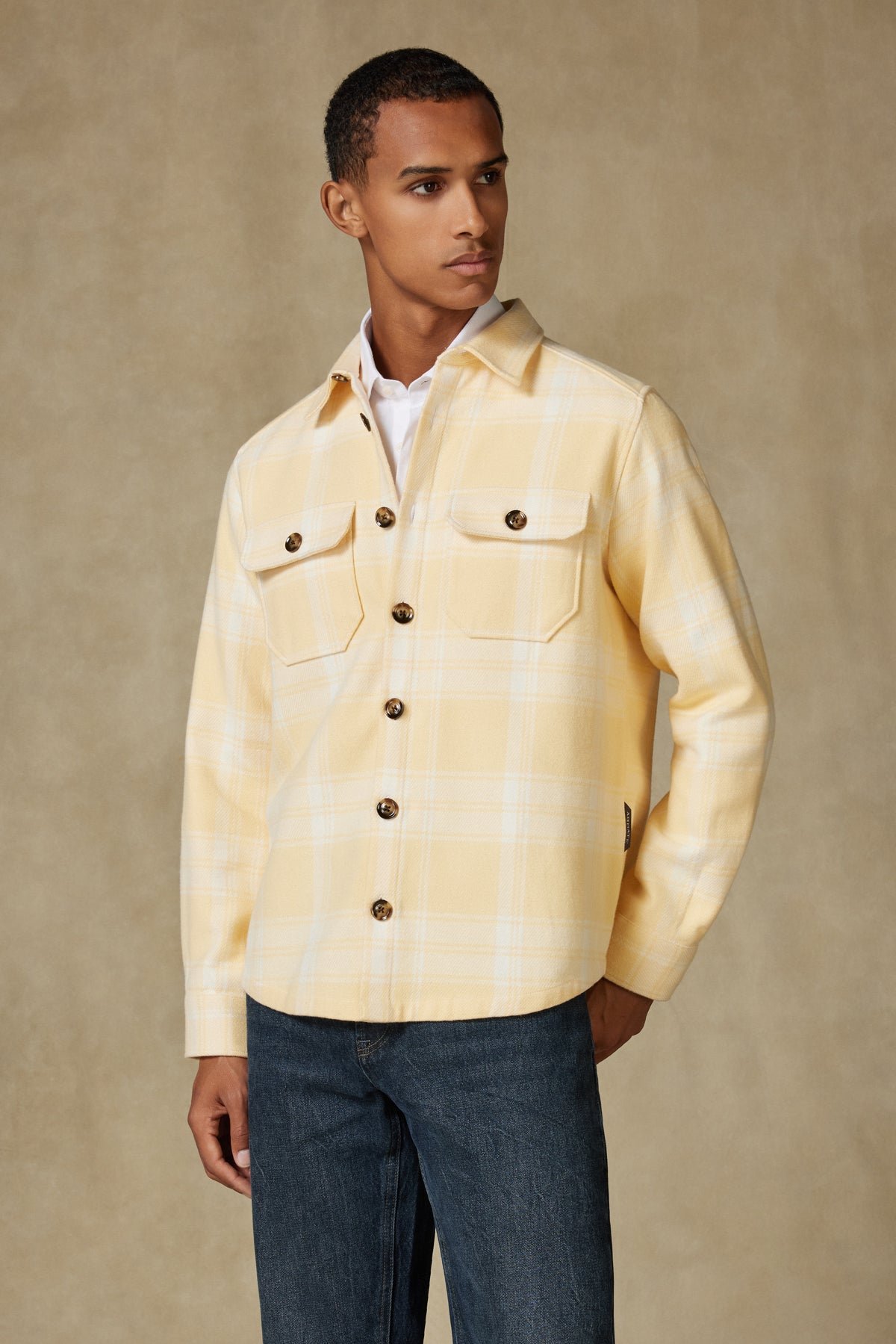 Abbate Fumo Flanel Pamuklu Overshirt Fit Sarı Klasik Yaka Erkek Ekoseli Gömlek Ceket