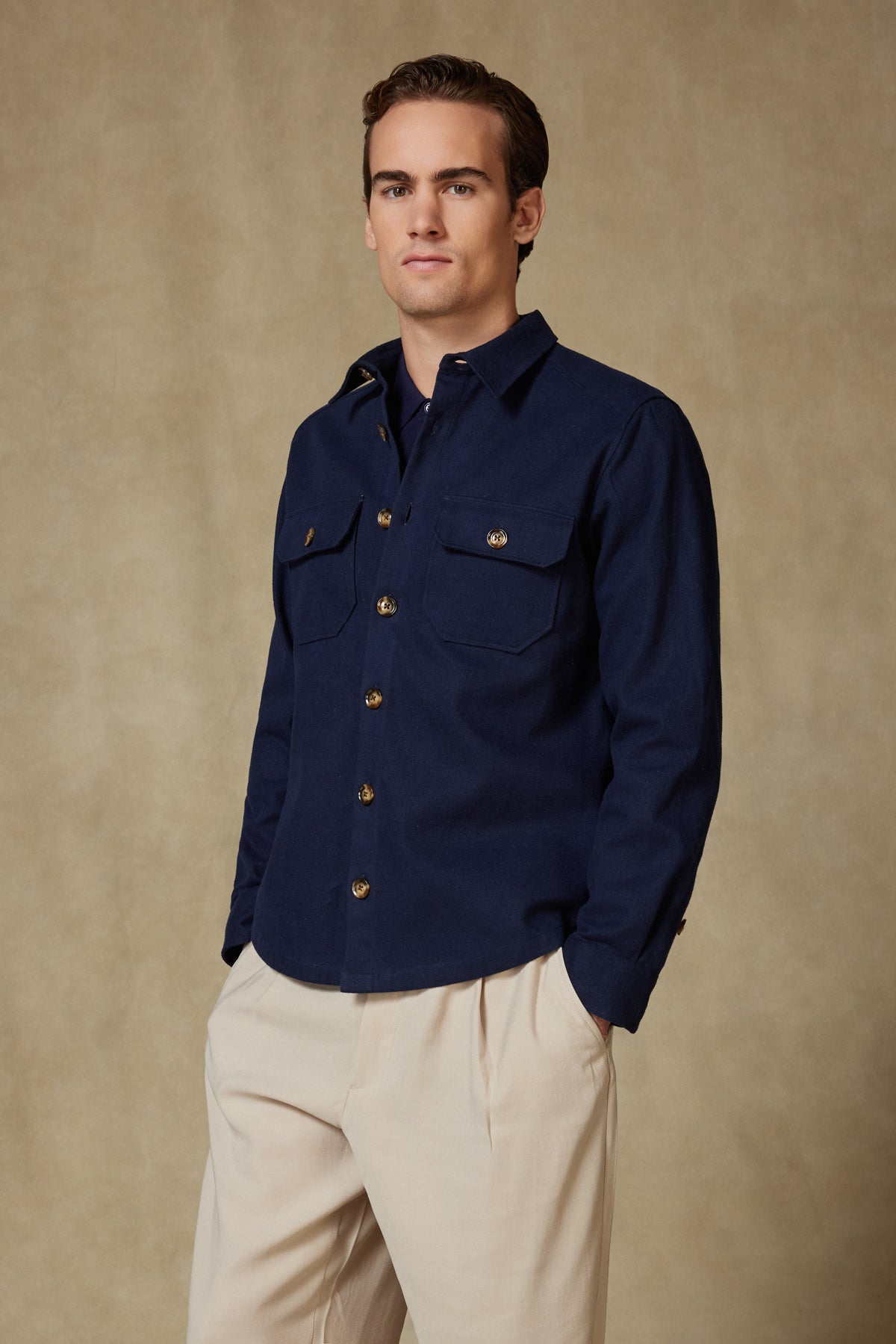Abbate Fumo Flanel %100 Pamuk Overshirt Fit Lacivert Klasik Yaka Erkek Düz Gömlek Ceket
