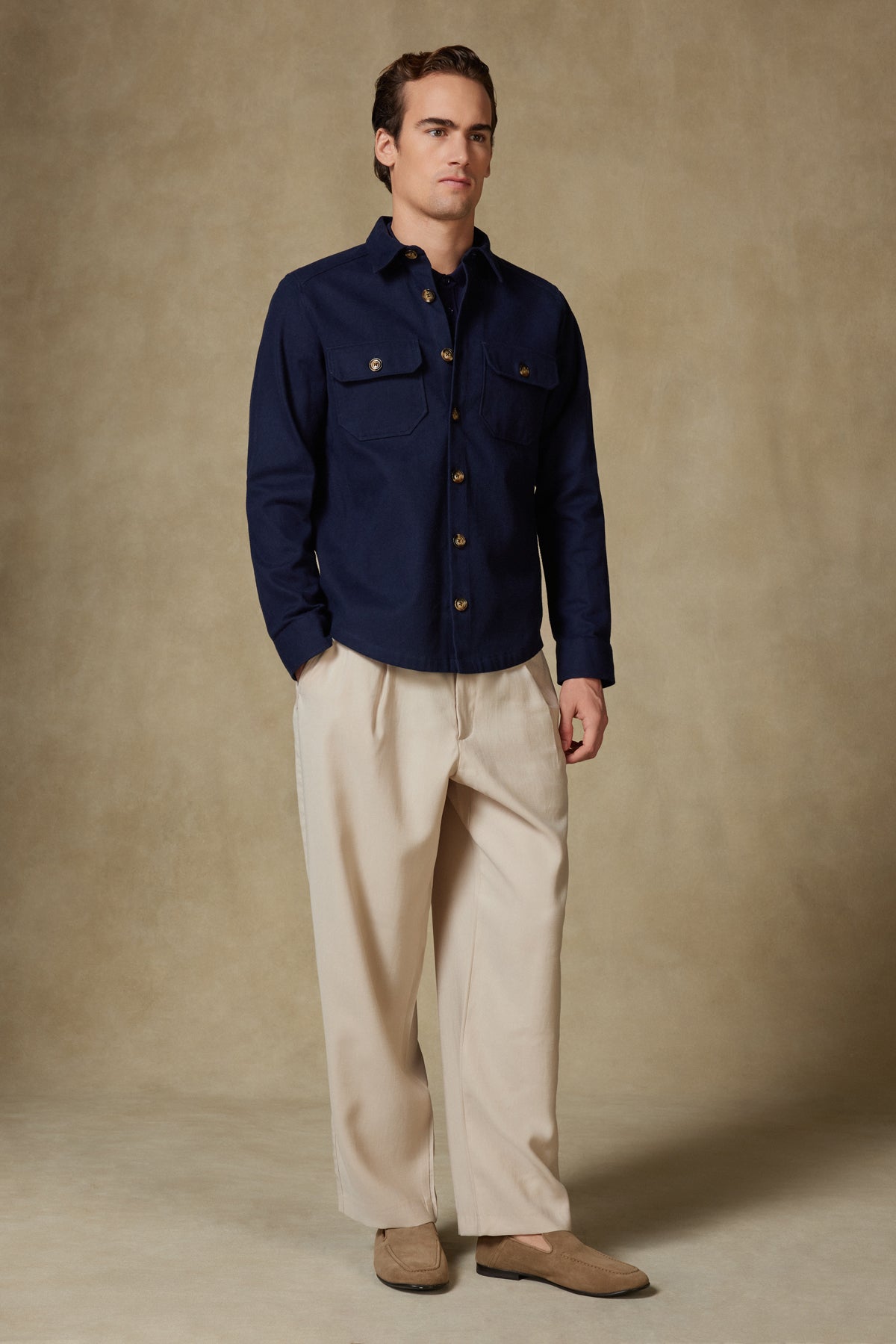 Abbate Fumo Flanel %100 Pamuk Overshirt Fit Lacivert Klasik Yaka Erkek Düz Gömlek Ceket