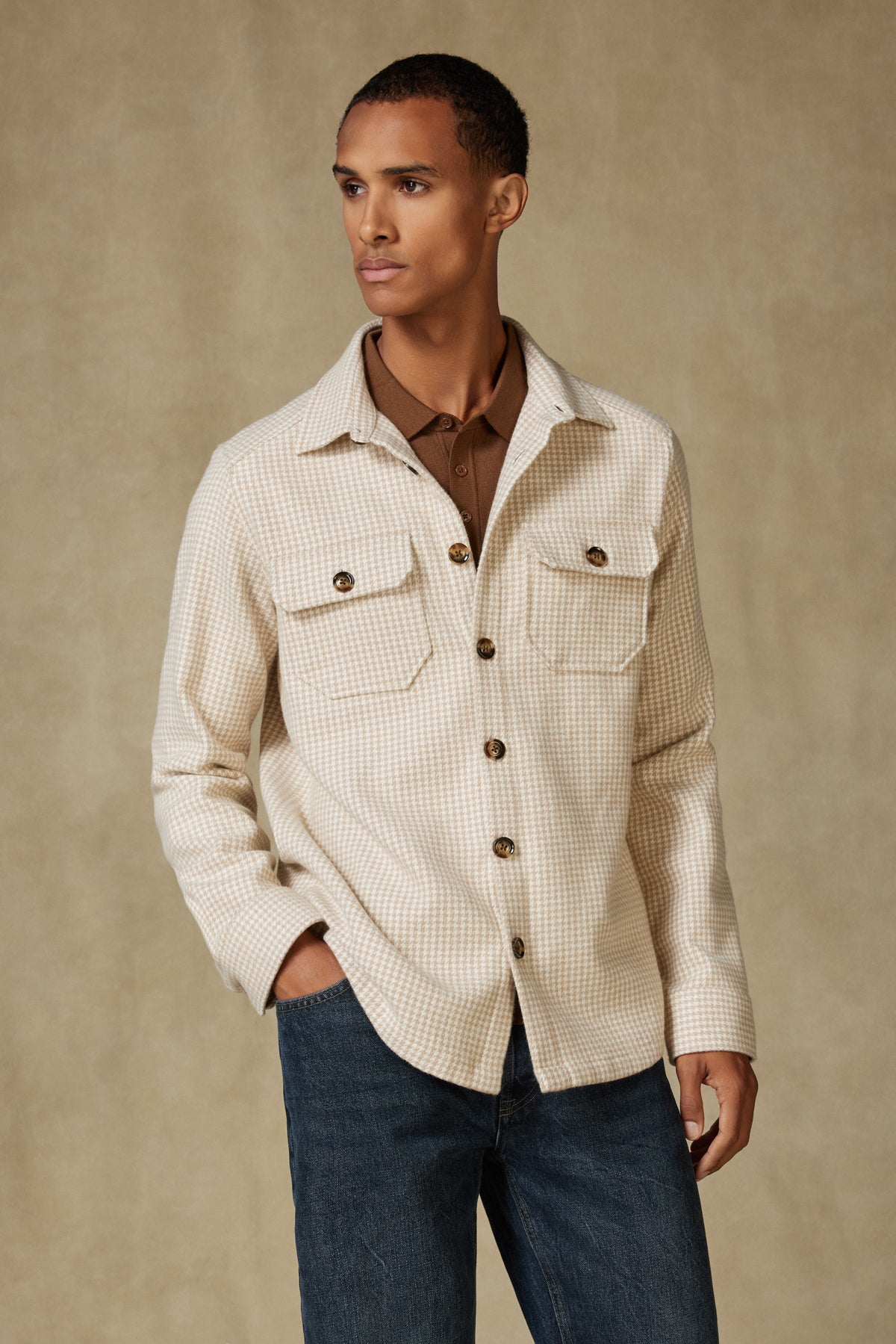 Abbate Fumo Flanel Pamuklu Overshirt Fit Ekru Klasik Yaka Erkek Desenli Gömlek Ceket