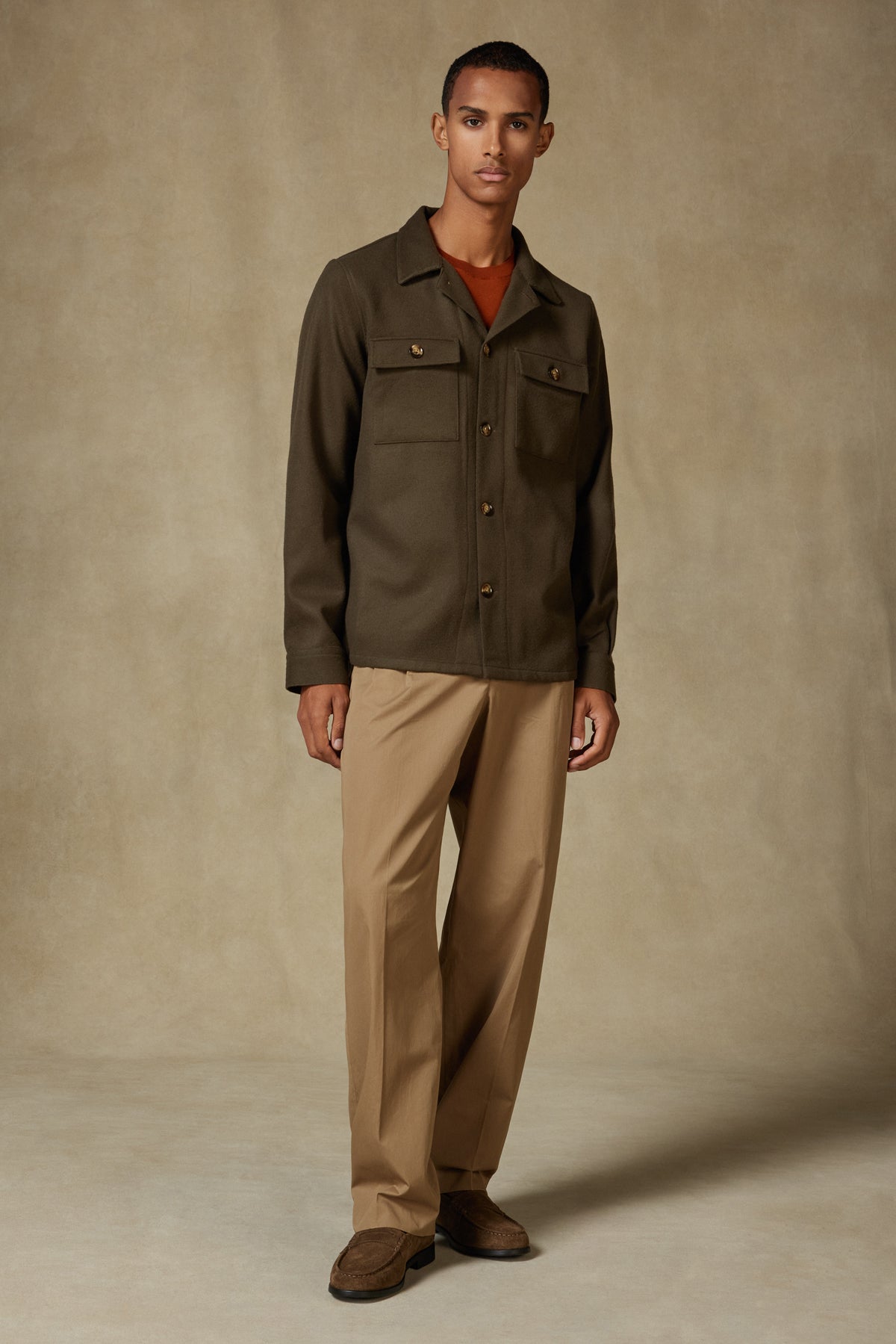 Abbate Lana Dokuma Yünlü Overshirt Fit Haki Apaş Yaka Erkek Düz Gömlek Ceket