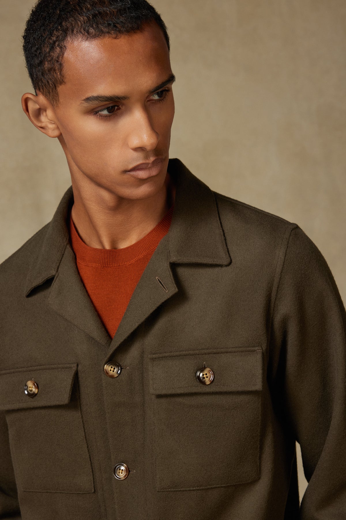 Abbate Lana Dokuma Yünlü Overshirt Fit Haki Apaş Yaka Erkek Düz Gömlek Ceket