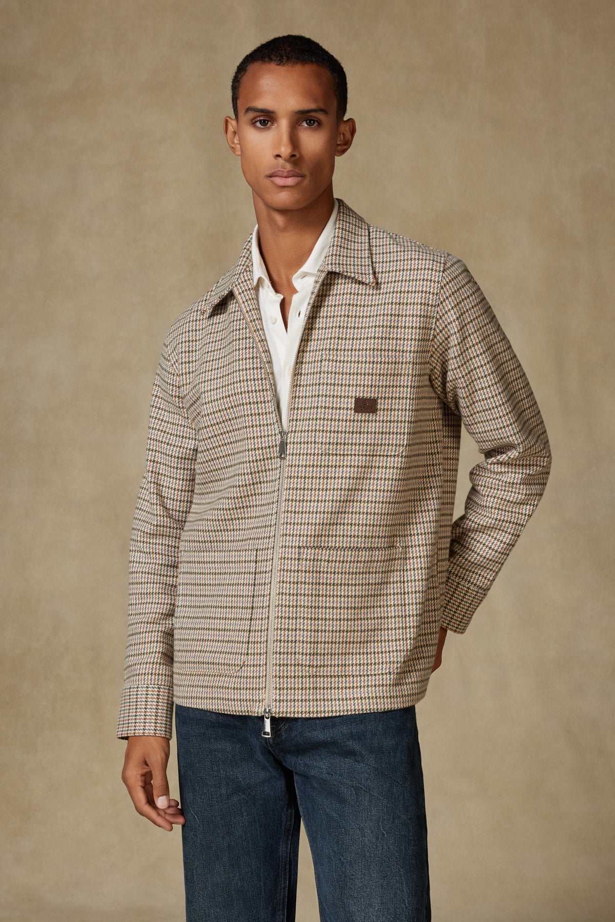 Abbate Monza Flanel %100 Pamuk Overshirt Fit Bej Klasik Yaka Erkek Desenli Gömlek Ceket