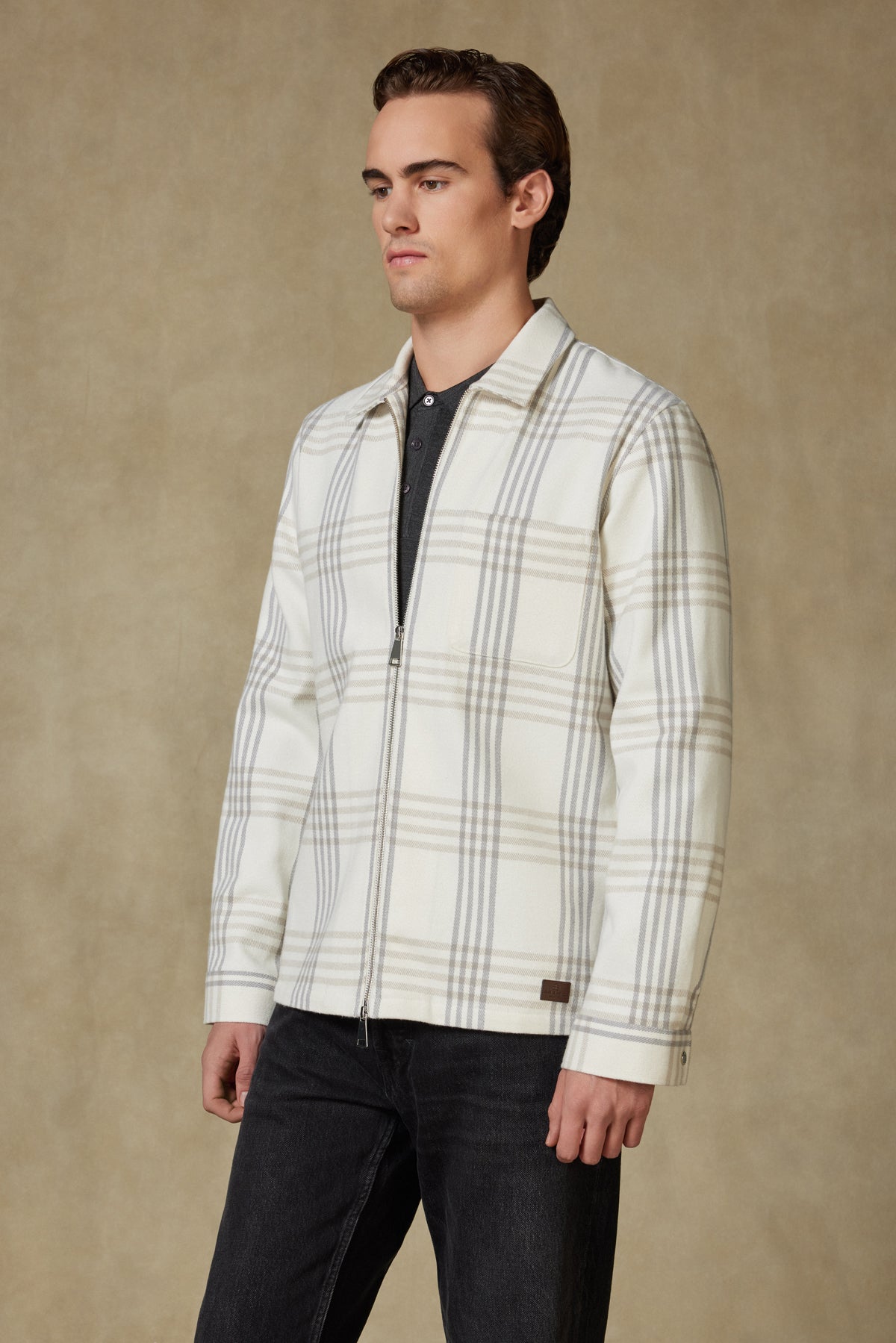 Abbate Prato Flanel Pamuklu Overshirt Fit Ekru Klasik Yaka Erkek Ekoseli Gömlek Ceket