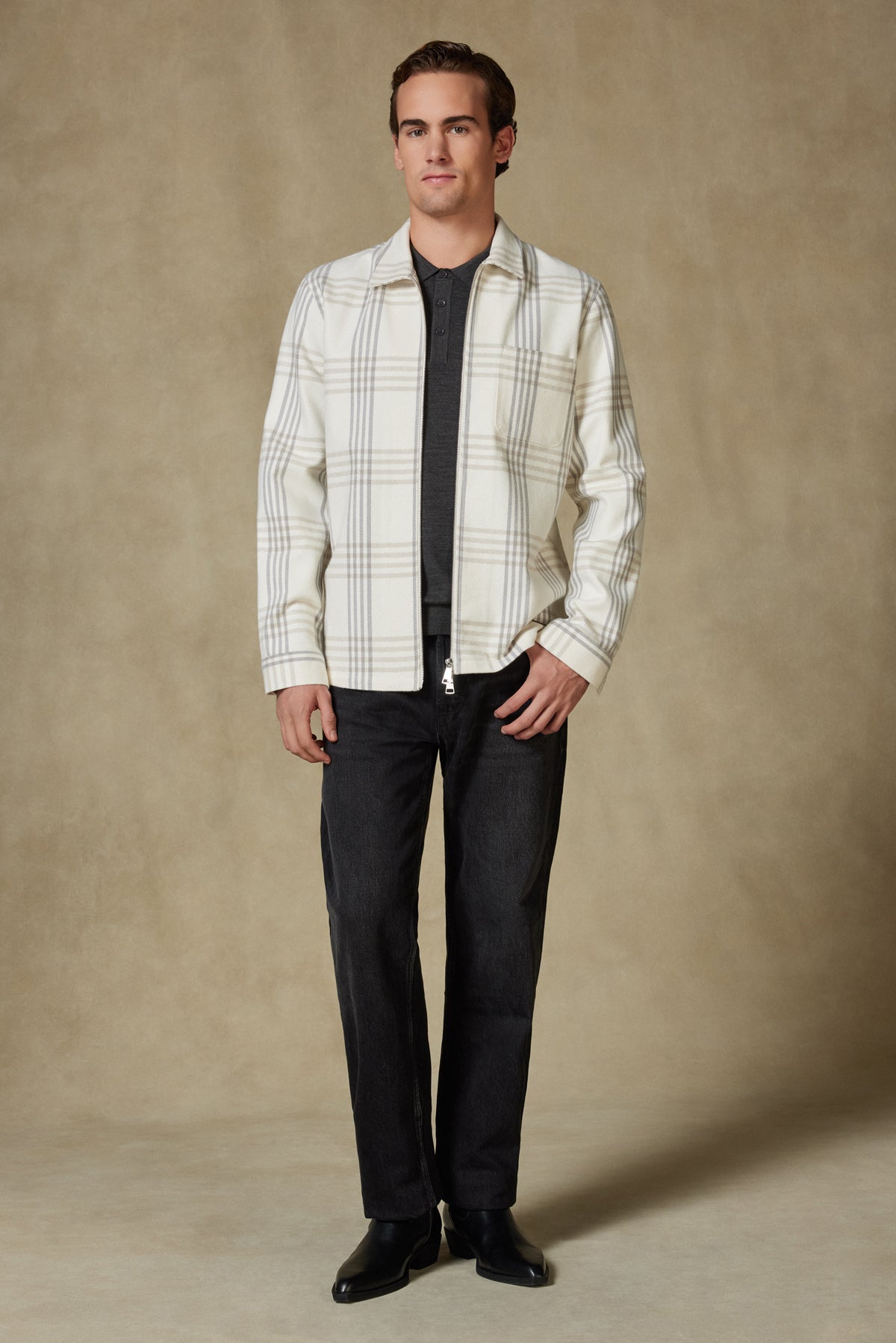 Abbate Prato Flanel Pamuklu Overshirt Fit Ekru Klasik Yaka Erkek Ekoseli Gömlek Ceket