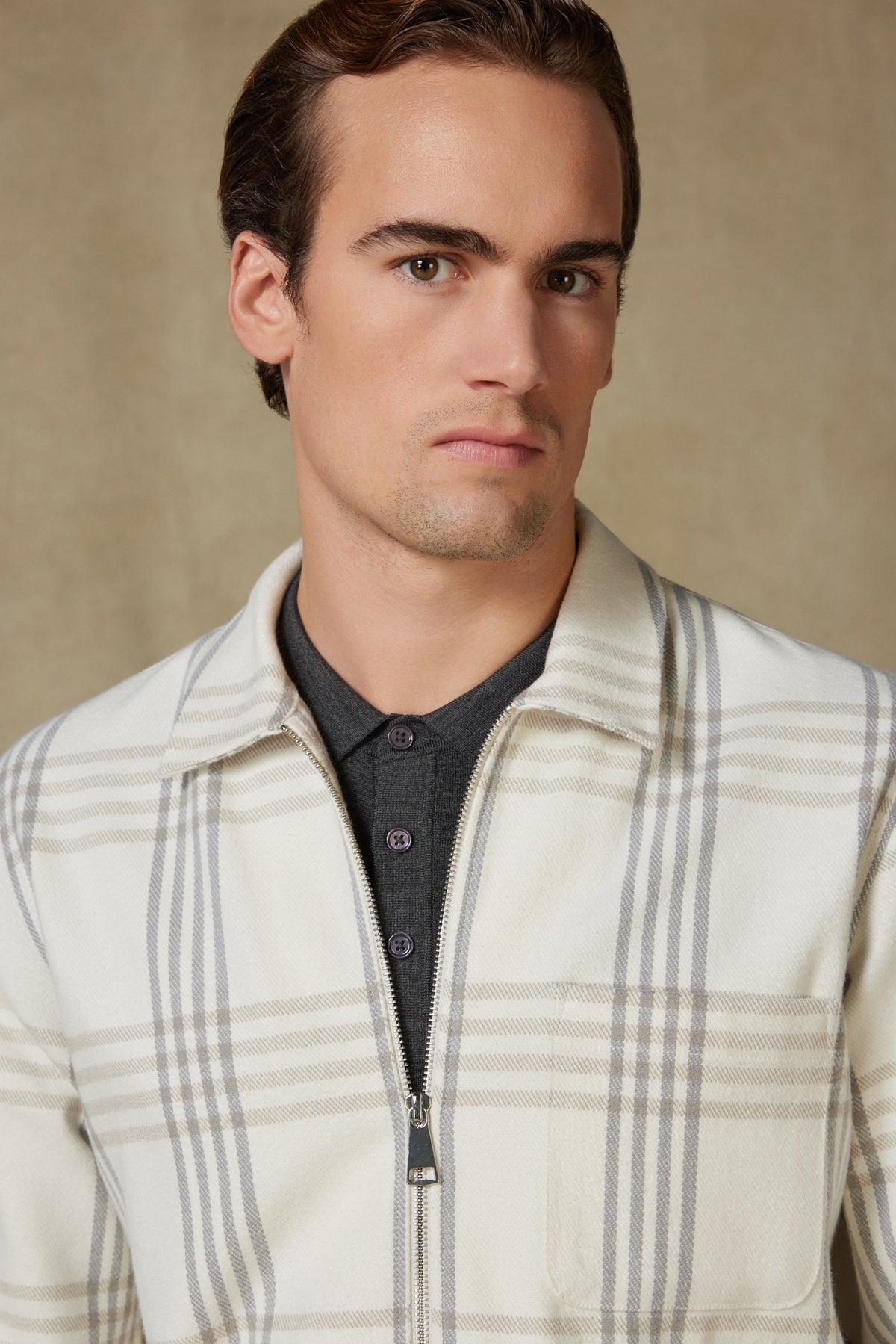 Abbate Prato Flanel Pamuklu Overshirt Fit Ekru Klasik Yaka Erkek Ekoseli Gömlek Ceket