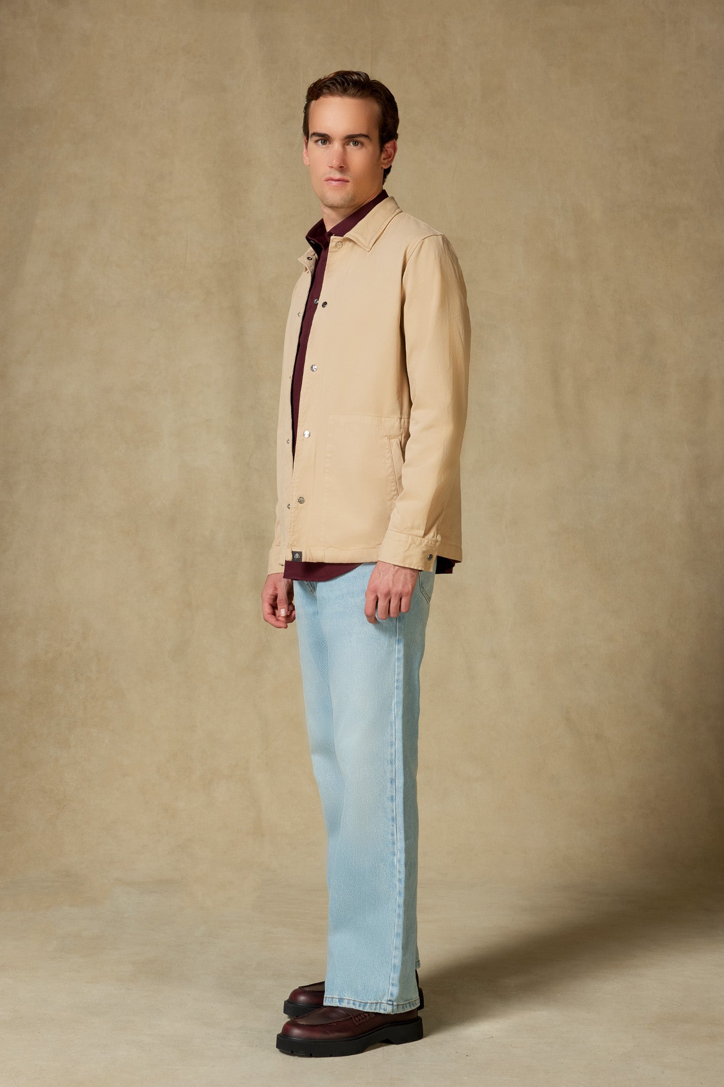 Abbate Renato Dokuma Polyamid Karışımlı Overshirt Fit Bej Klasik Yaka Erkek Düz Gömlek Ceket