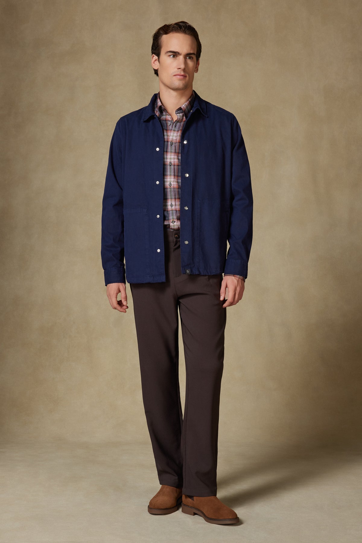 Abbate Renato Dokuma Polyamid Karışımlı Overshirt Fit Lacivert Klasik Yaka Erkek Düz Gömlek Ceket