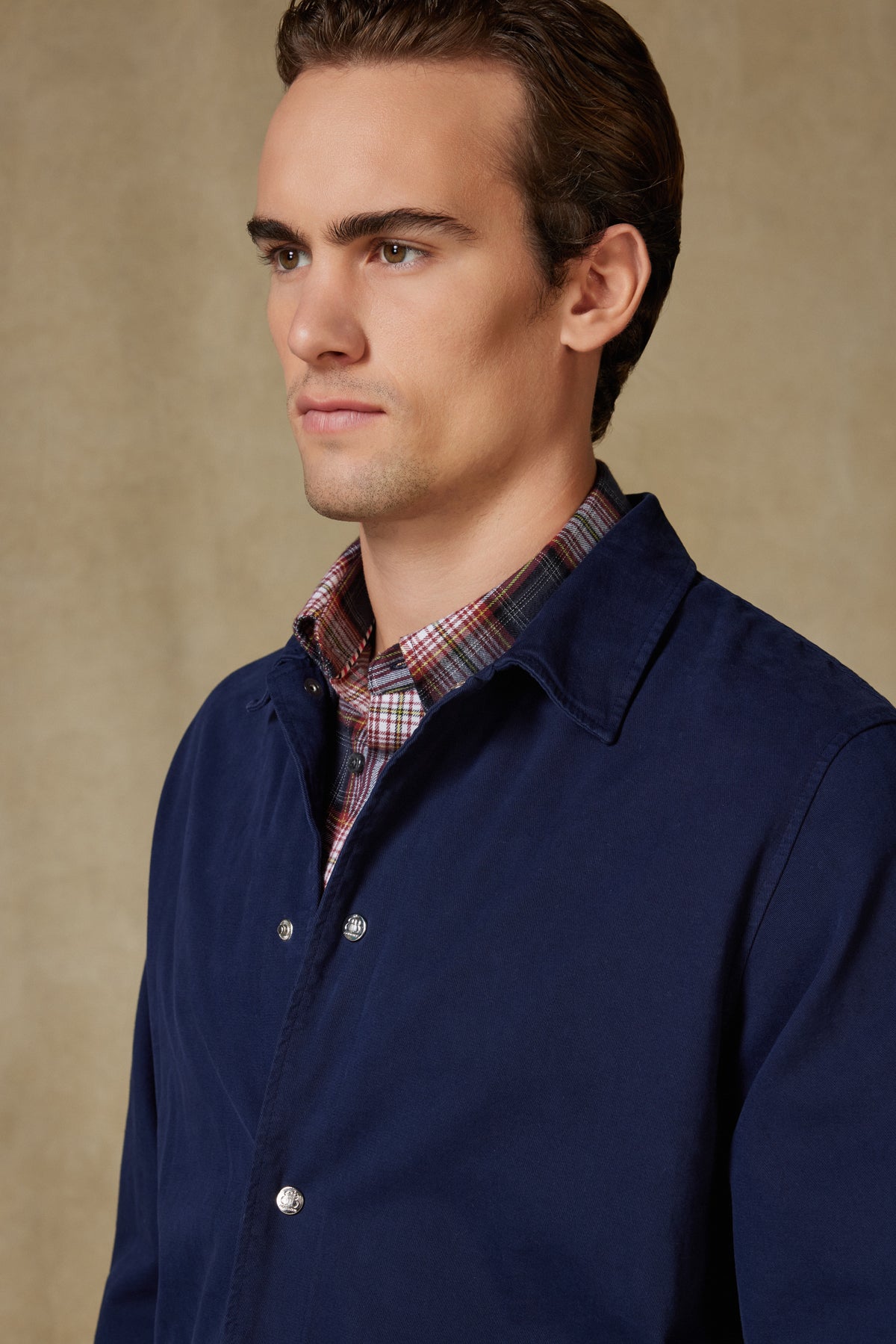 Abbate Renato Dokuma Polyamid Karışımlı Overshirt Fit Lacivert Klasik Yaka Erkek Düz Gömlek Ceket